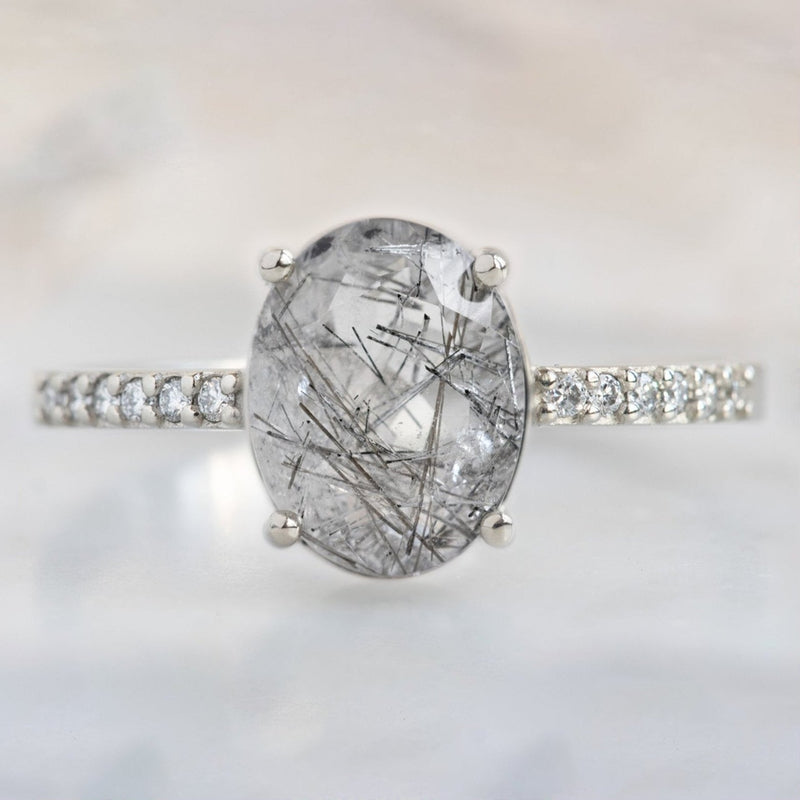 The Willow Ring with a 1.82ct Oval Tourmaline in Quartz in 14K White Gold on white background