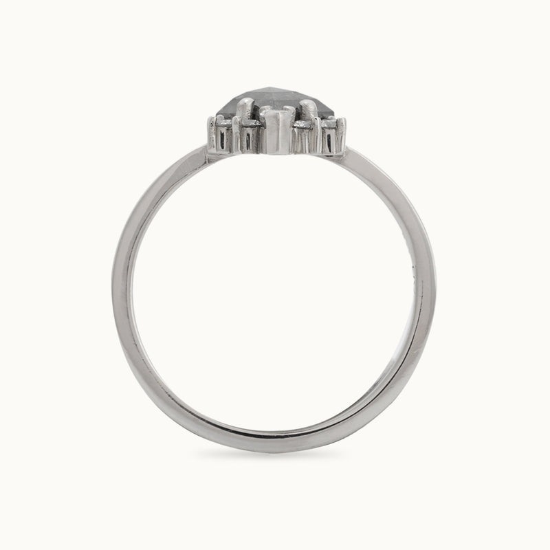 Profile View of The Aster Ring with a 0.94ct Kite Black Diamond in 14K White Gold on White Background