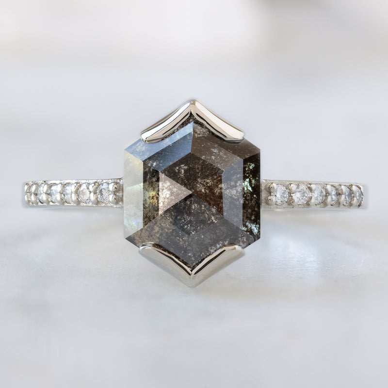 The Willow Ring with a 1.30ct Hexagon Black Diamond in 14K White Gold on White Marble