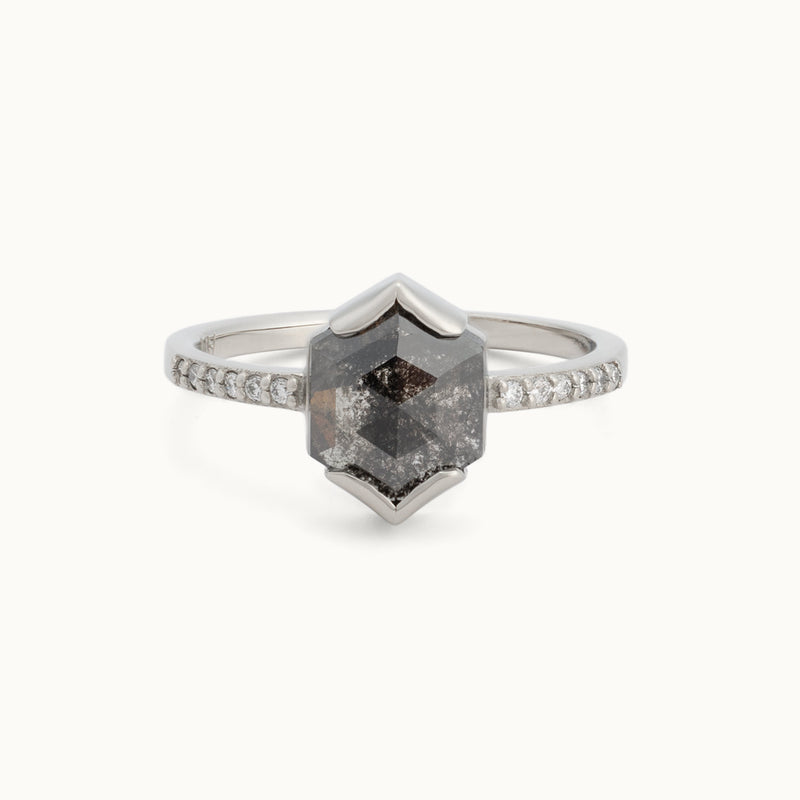 The Willow Ring with a 1.30ct Hexagon Black Diamond in 14K White Gold on White Background