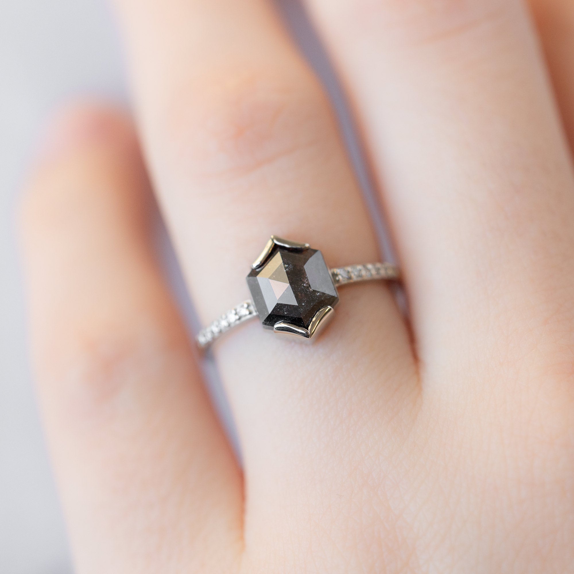 The Willow Ring with a 1.30ct Hexagon Black Diamond in 14K White Gold on Model