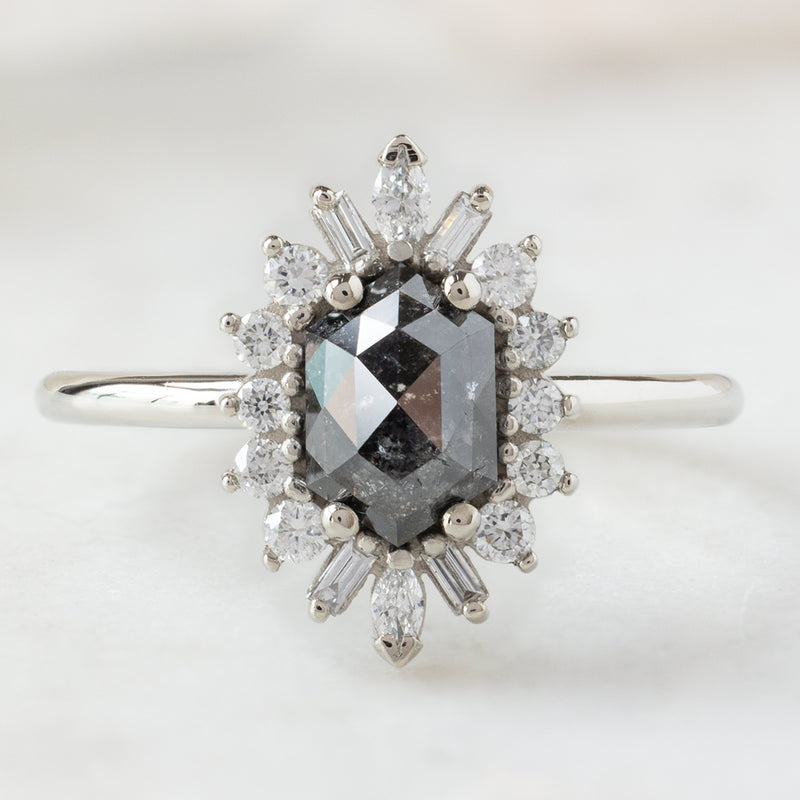 The Camellia Ring | 1.25ct Hexagon Black Diamond in 14K White Gold