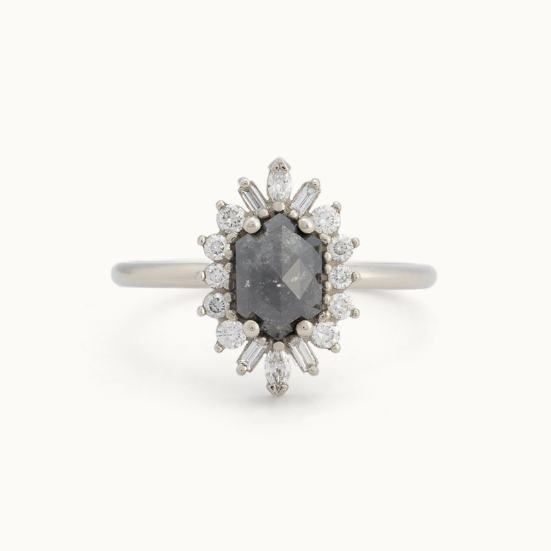 The Camellia Ring | 1.25ct Hexagon Black Diamond in 14K White Gold