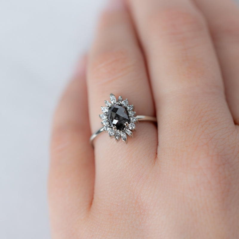 The Camellia Ring | 1.25ct Hexagon Black Diamond in 14K White Gold