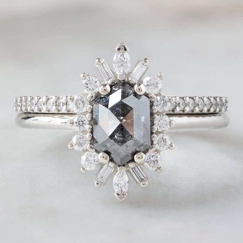 The Camellia Ring | 1.25ct Hexagon Black Diamond in 14K White Gold