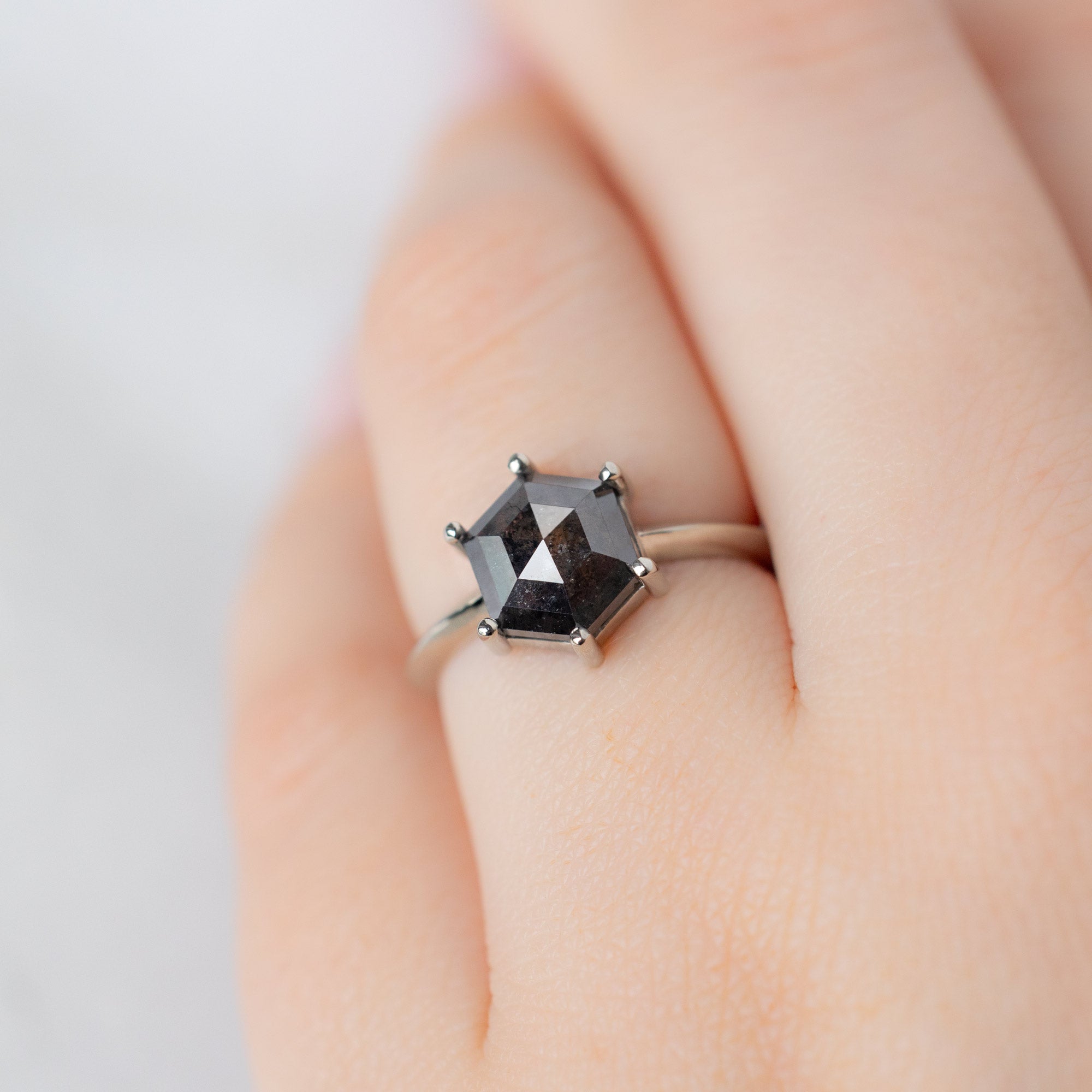 The Bryn Ring with a 2.33ct Black Hexagon Diamond in 14K White Gold on Model