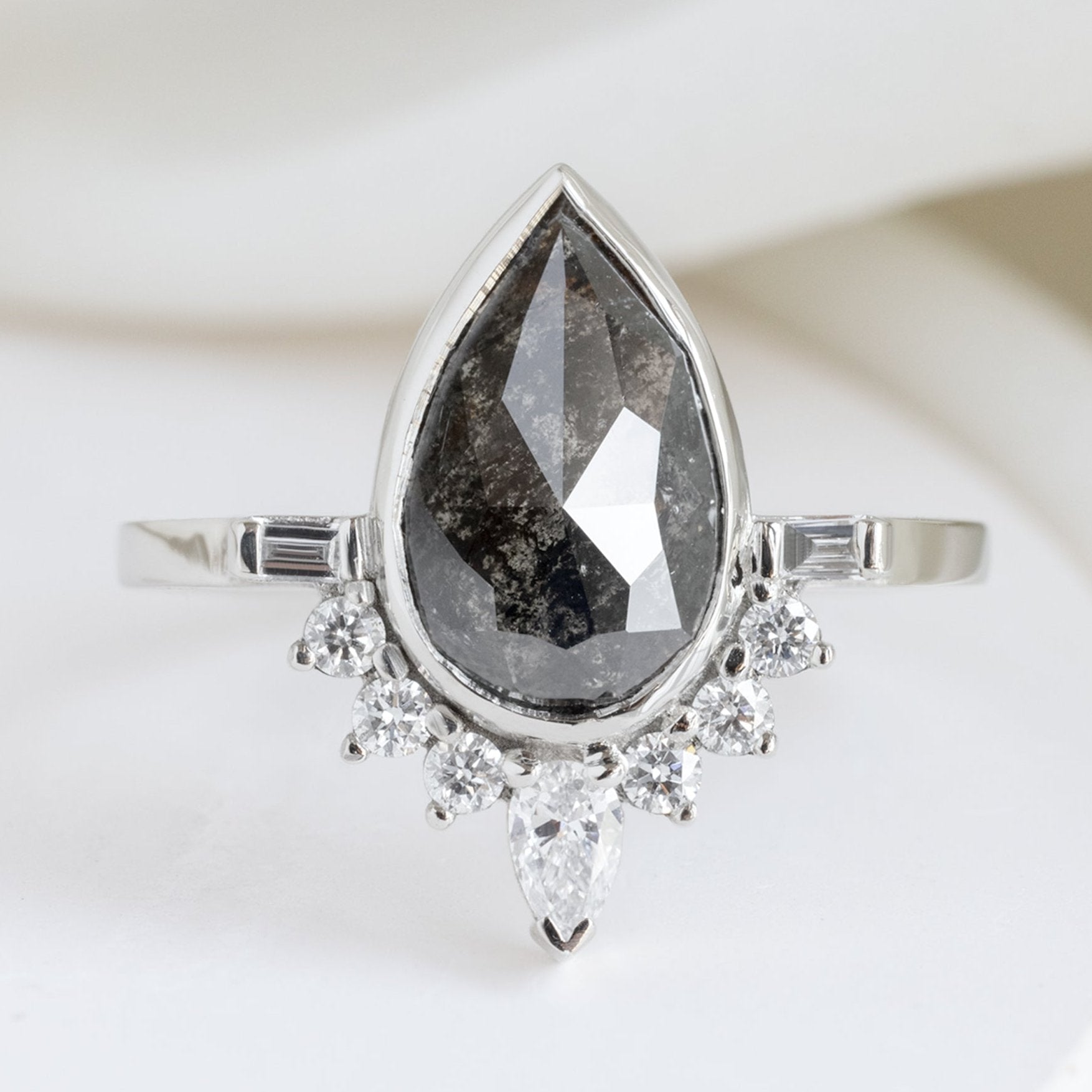 The Posy Luxe with a 2ct Rose Cut Black Diamond in 18K White Gold on White Marble