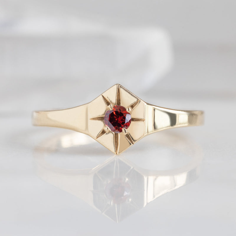 Custom Garnet Birthstone Signet Ring | 10K Yellow Gold