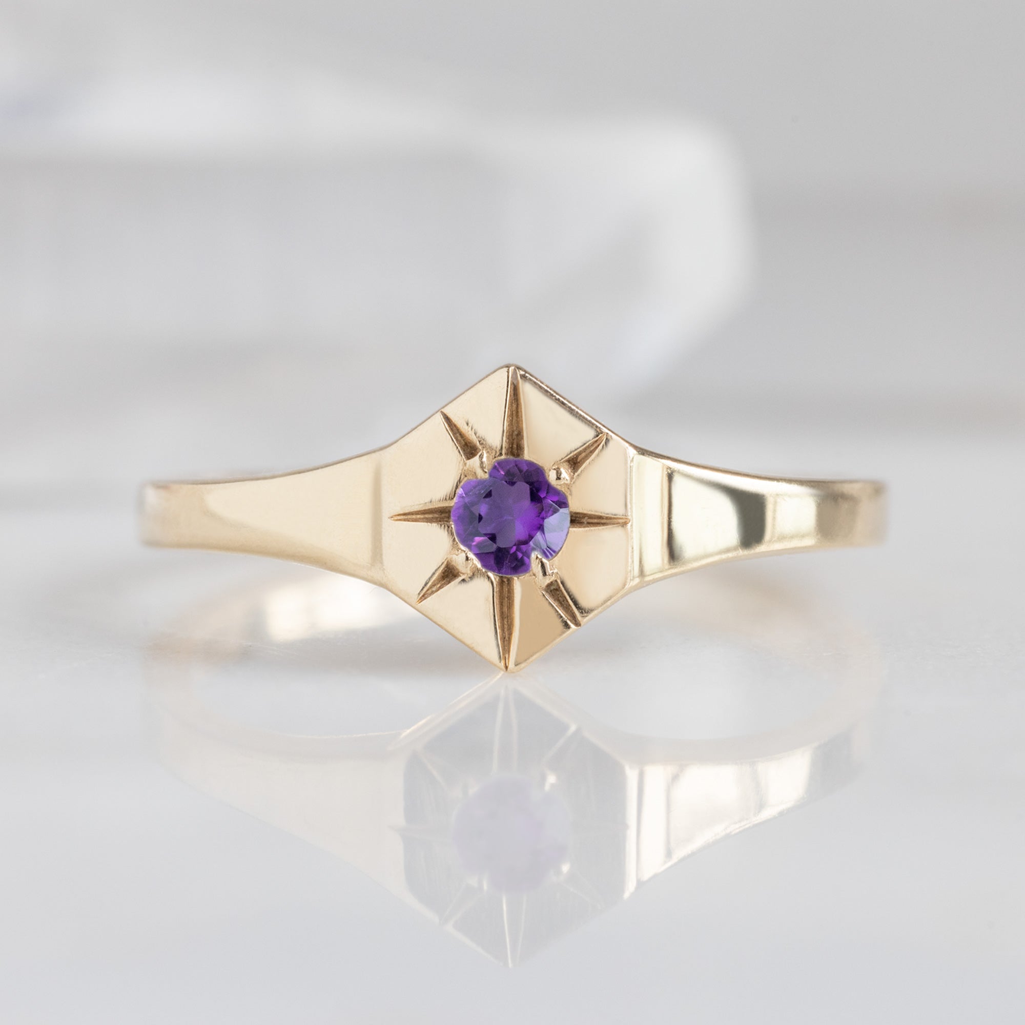 Custom Amethyst Birthstone Signet Ring | 10K Yellow Gold