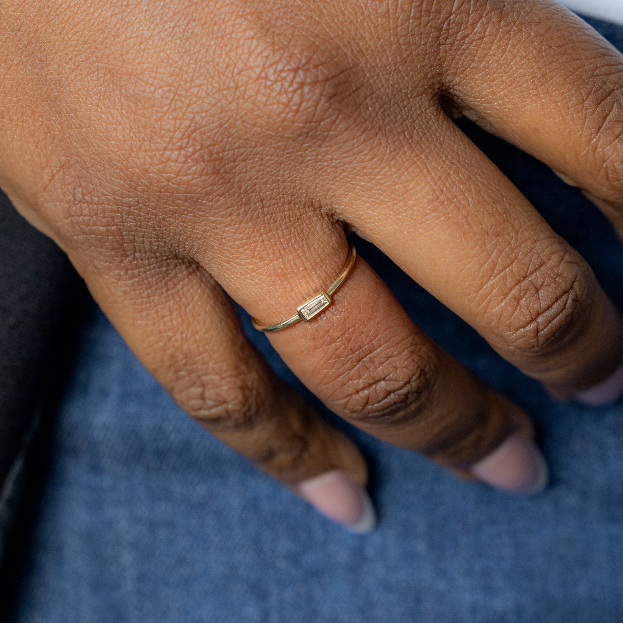 Baguette Diamond Stacking Ring in 10K Yellow Gold on Model