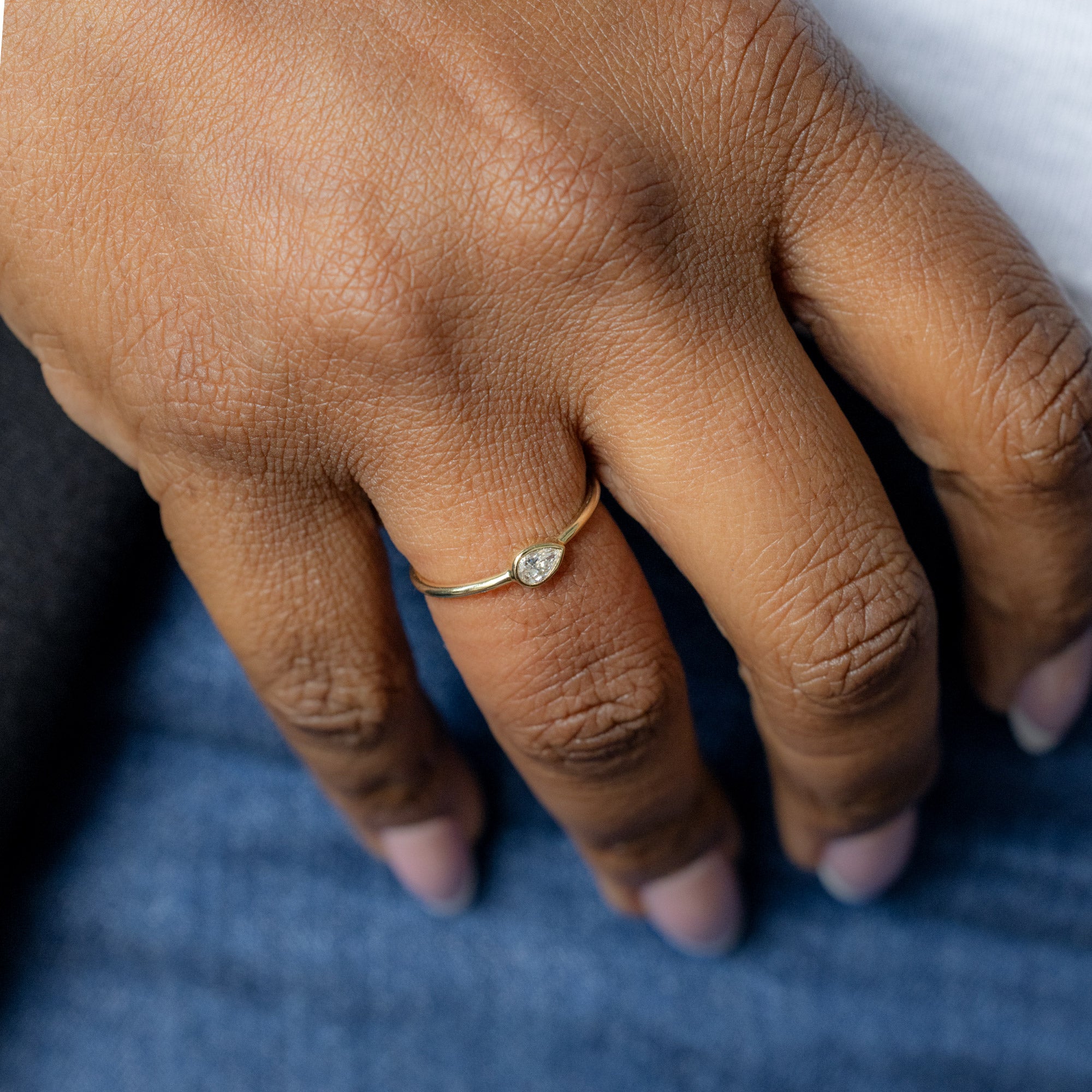 Pear-Cut Lab Grown Diamond Stacking Ring in 10K Yellow Gold on Model