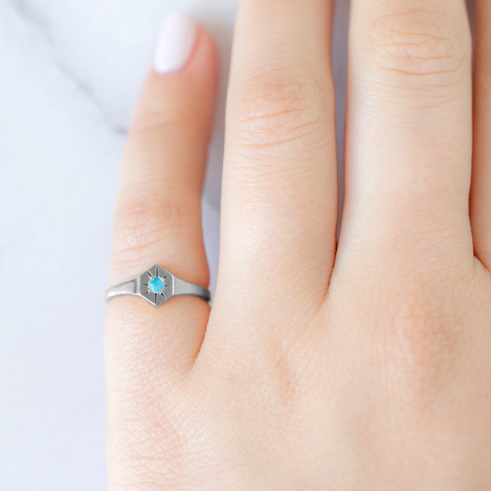 Custom Turquoise Birthstone Signet Ring | 10K White Gold