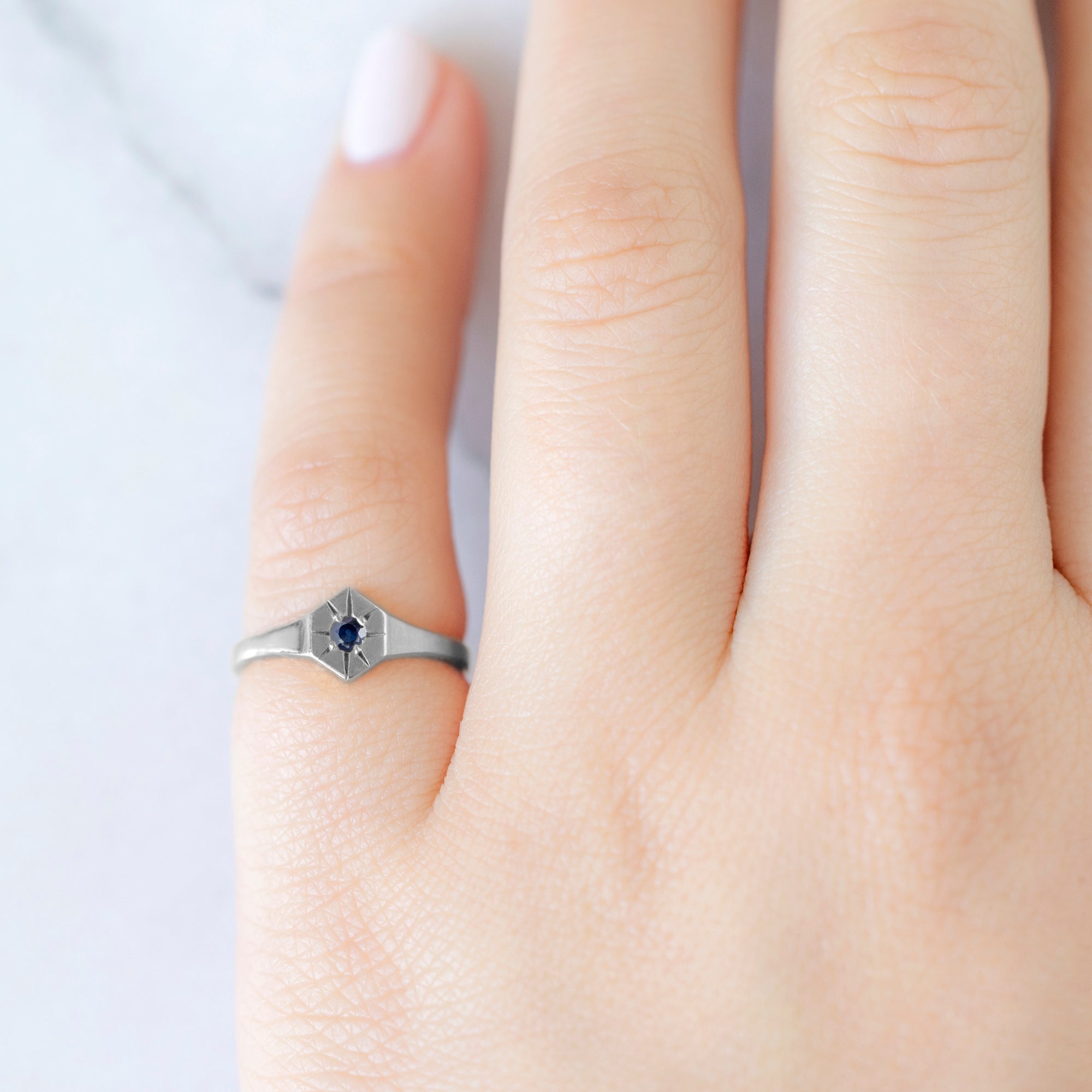 Custom Blue Sapphire Birthstone Signet Ring | 10K White Gold displayed on model's left hand pinky finger.