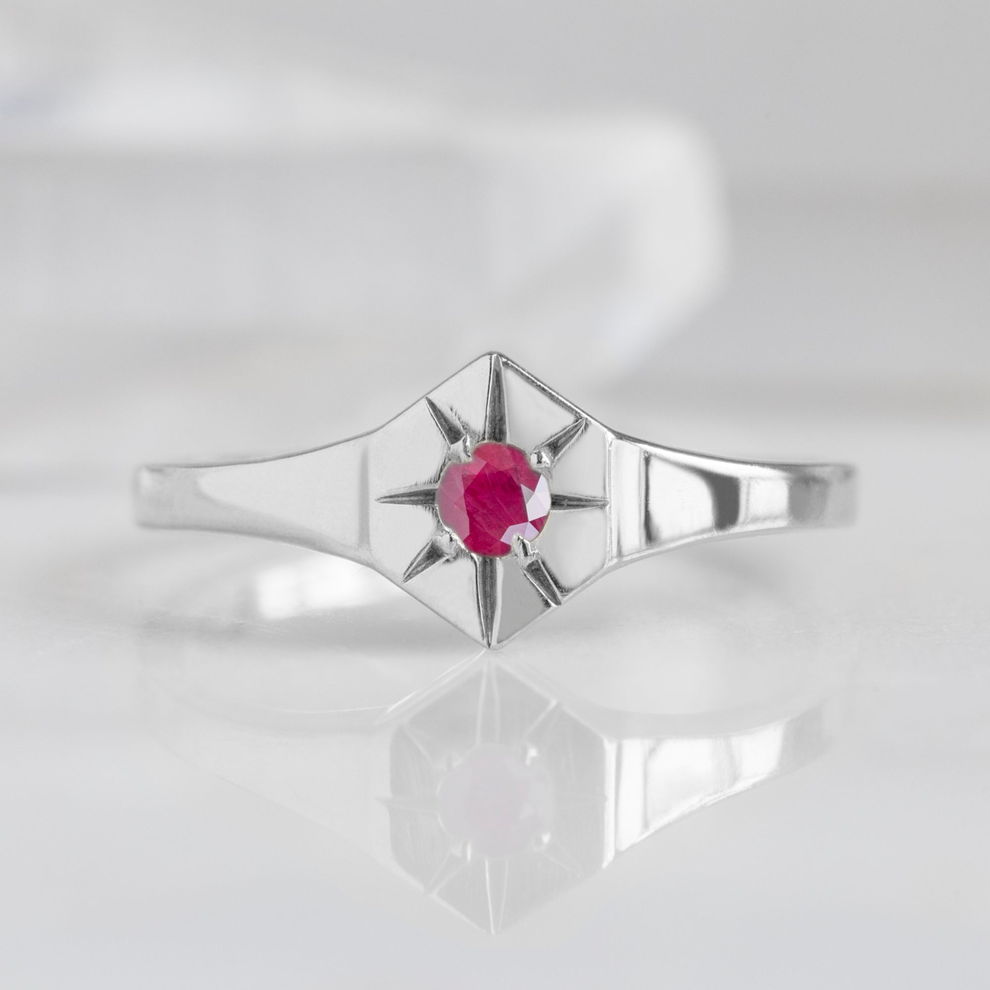 Custom Ruby Birthstone Signet Ring | 10K White Gold