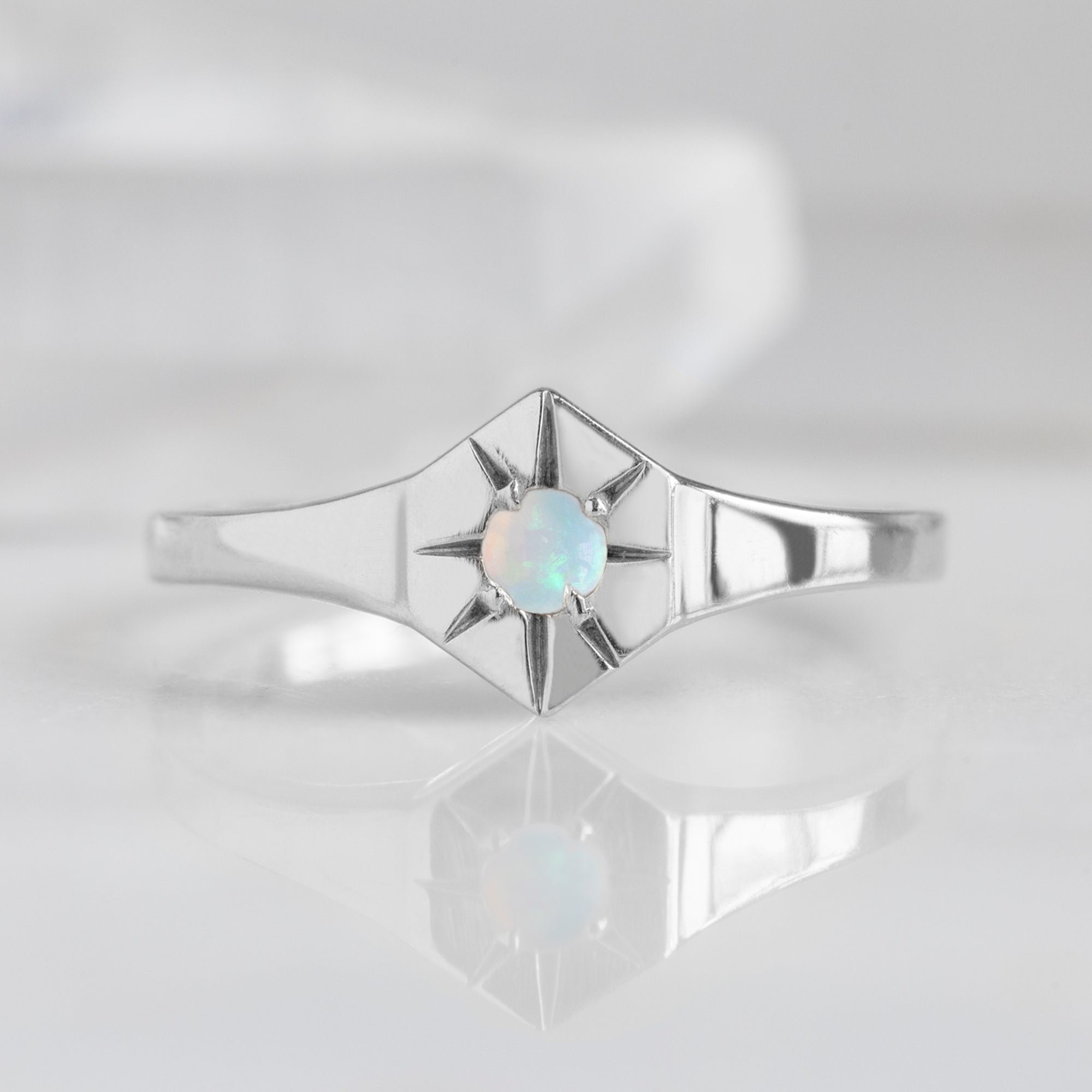 Custom Opal Birthstone Signet Ring | 10K White Gold