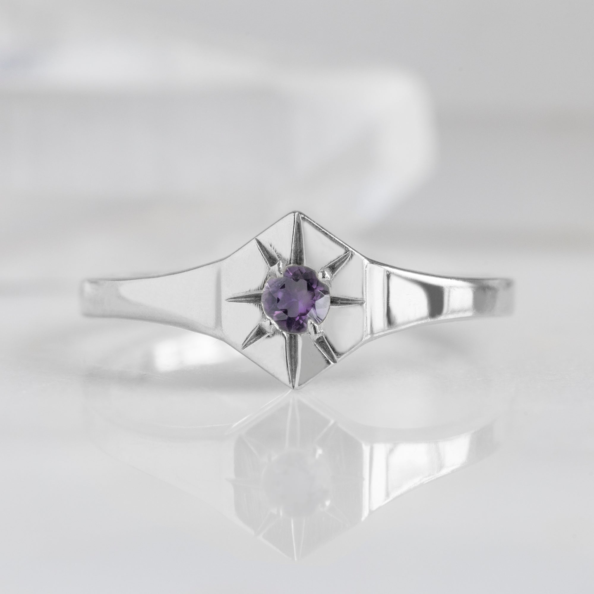 Custom Amethyst Birthstone Signet Ring | 10K White Gold. Front view facing with white background