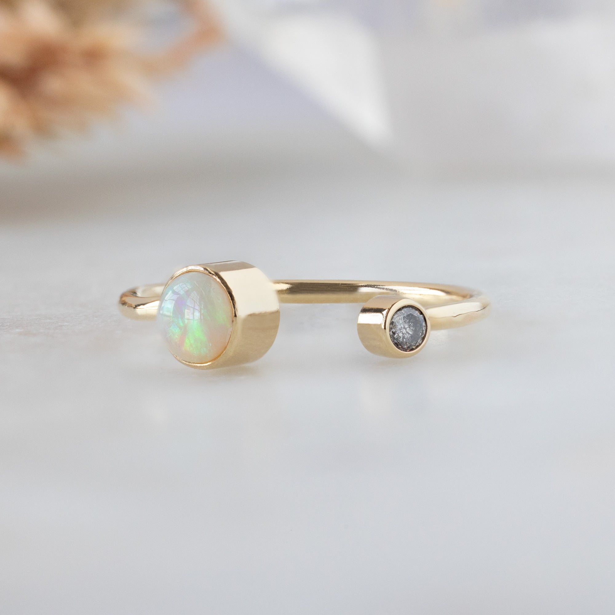 The Open Cuff Opal + Diamond Ring | 14K Yellow Gold