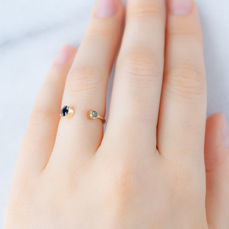 The Open Cuff Blue + Green Sapphire Ring | 14K Yellow Gold