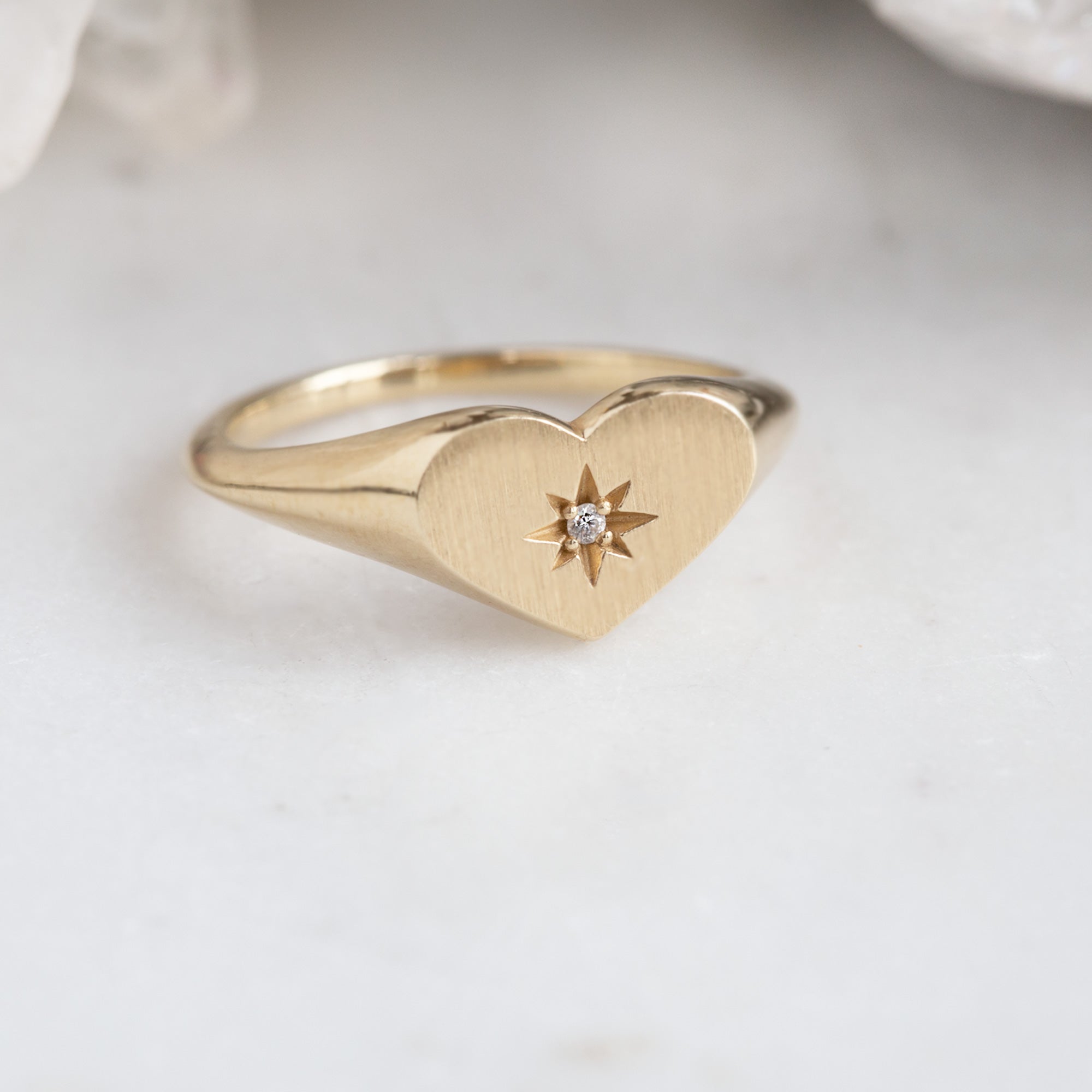 The Sweetheart White Diamond Signet Ring | 14K Yellow Gold