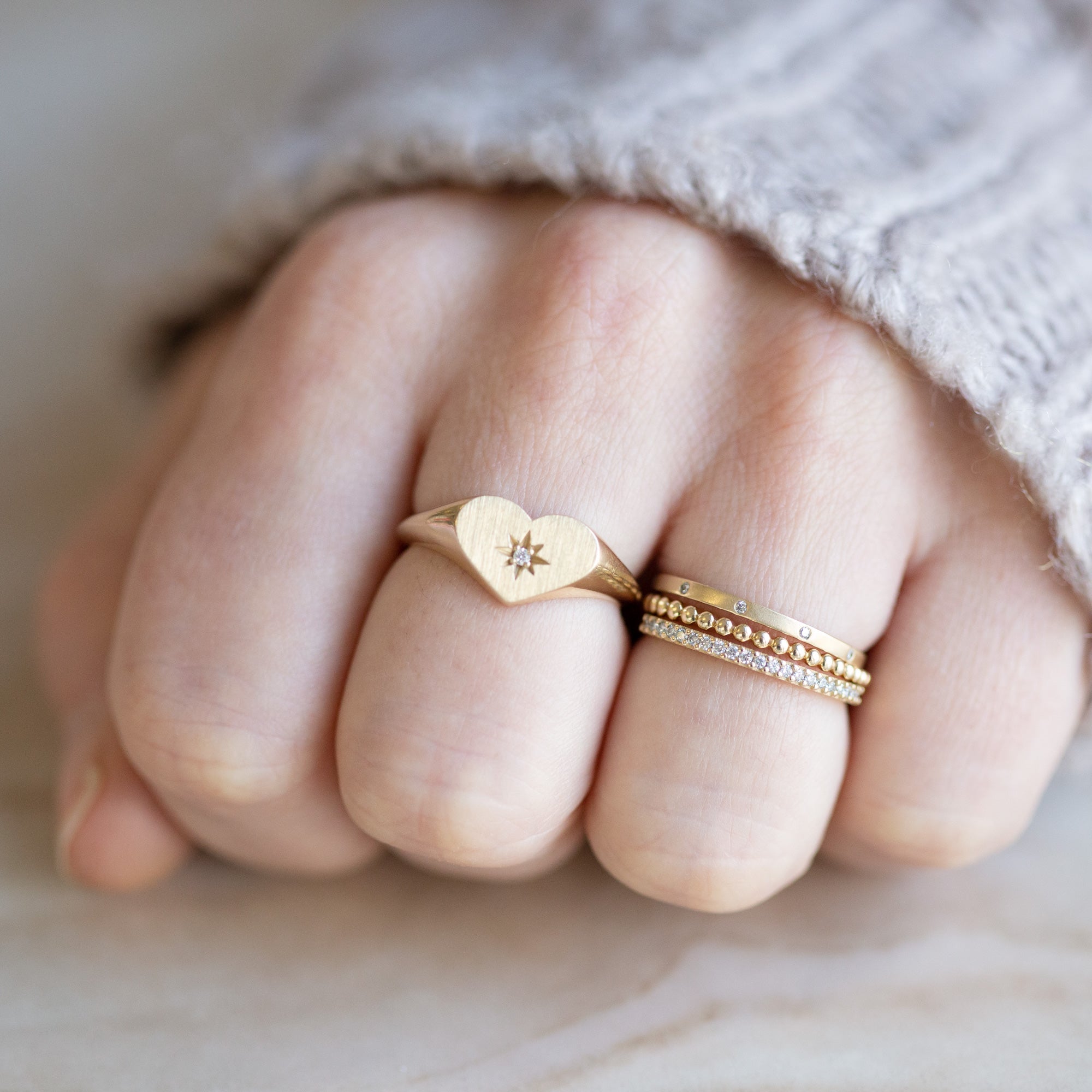 The Sweetheart White Diamond Signet Ring | 14K Yellow Gold