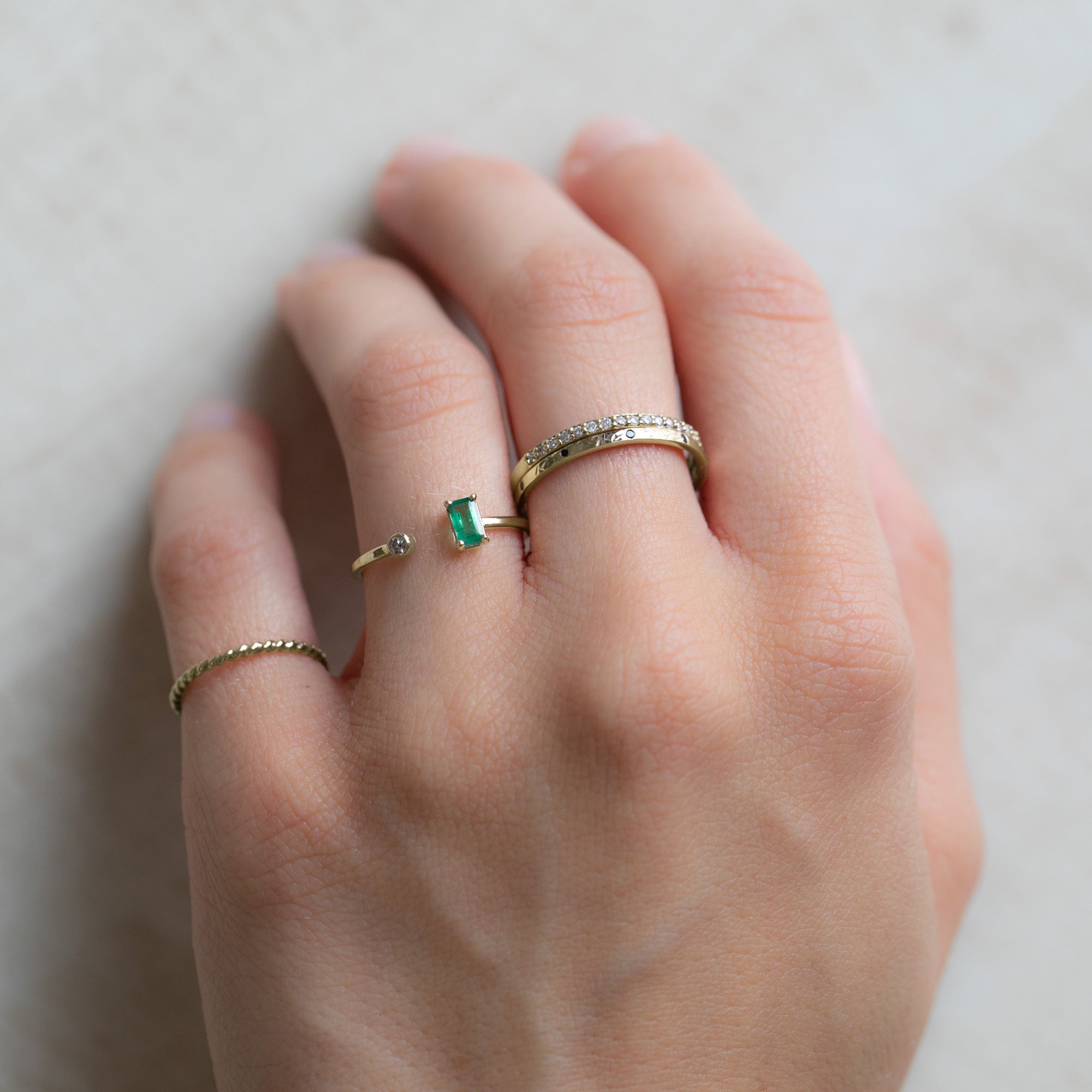 The Open Cuff Emerald + Diamond Ring | 14K Yellow Gold