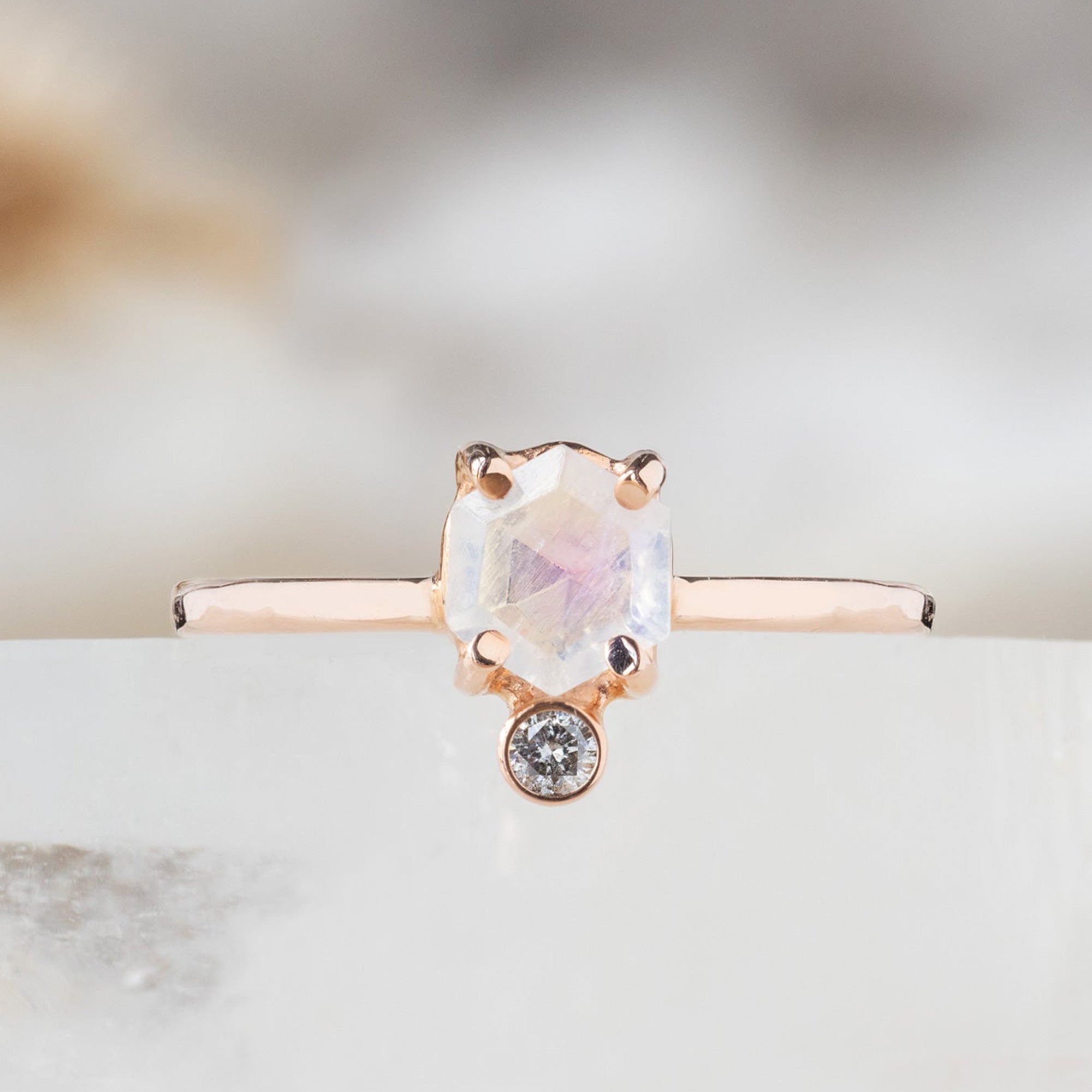 The Hexagon Moonstone + Diamond Ring | 14K Rose Gold