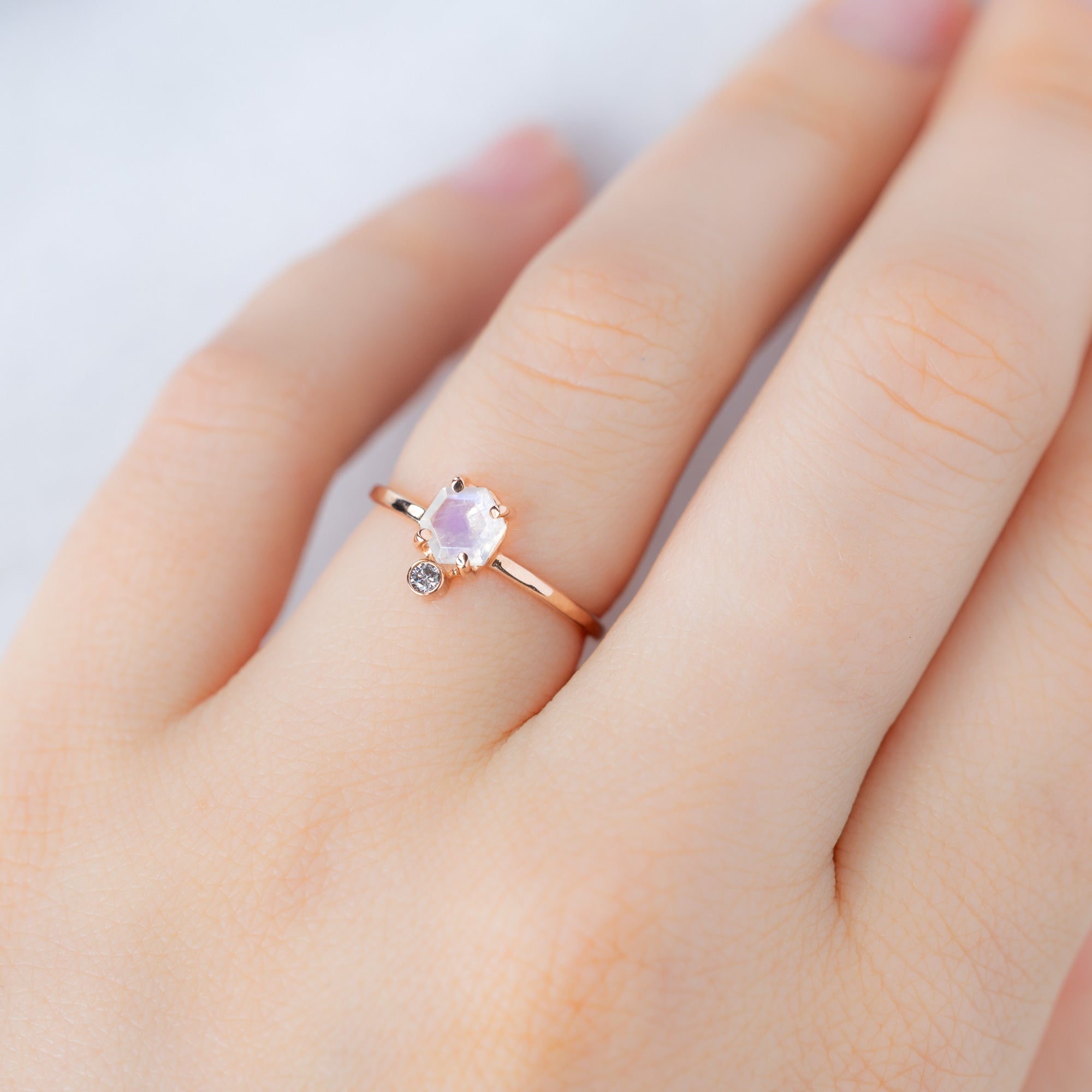 The Hexagon Moonstone + Diamond Ring | 14K Rose Gold