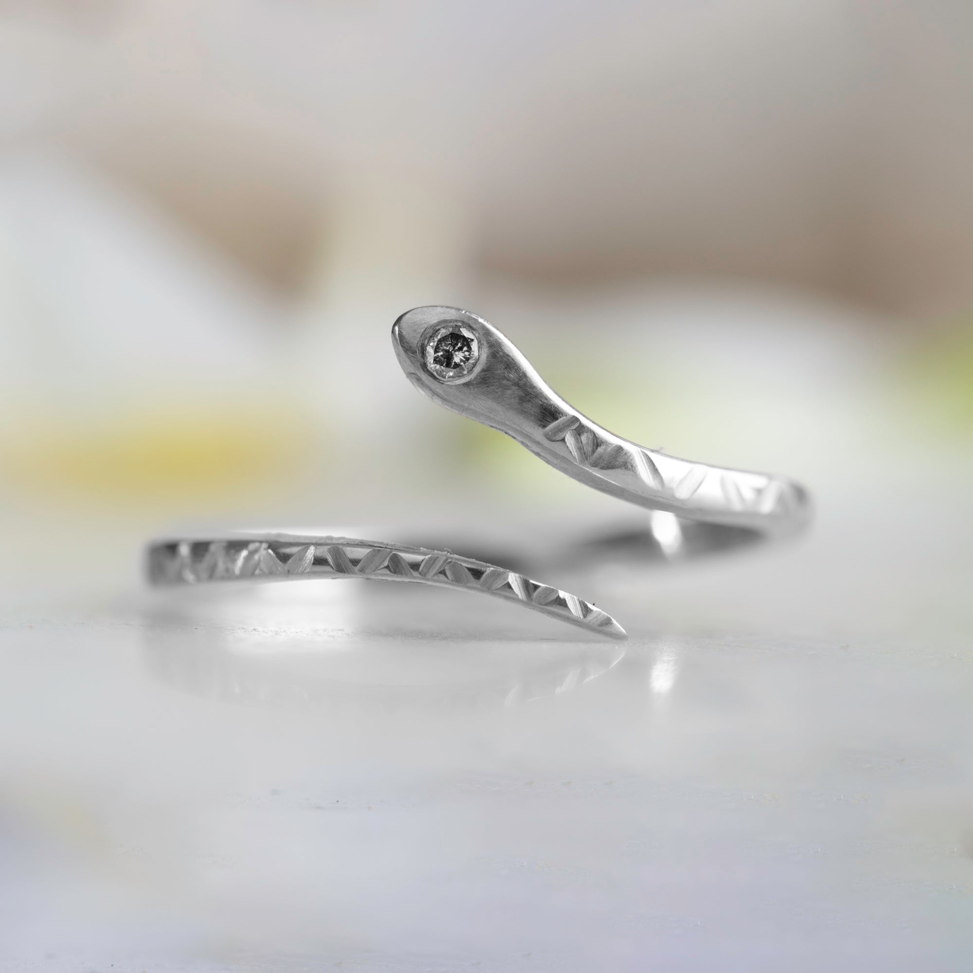 The Salt and Pepper Diamond Serpent Ring | 14K White Gold