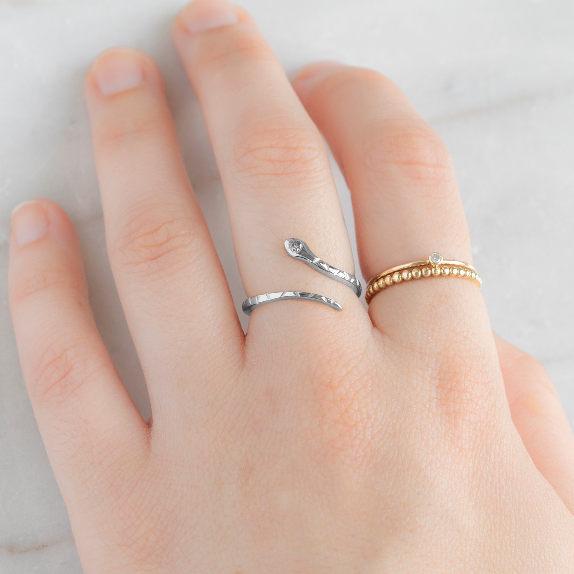 The Salt and Pepper Diamond Serpent Ring | 14K White Gold