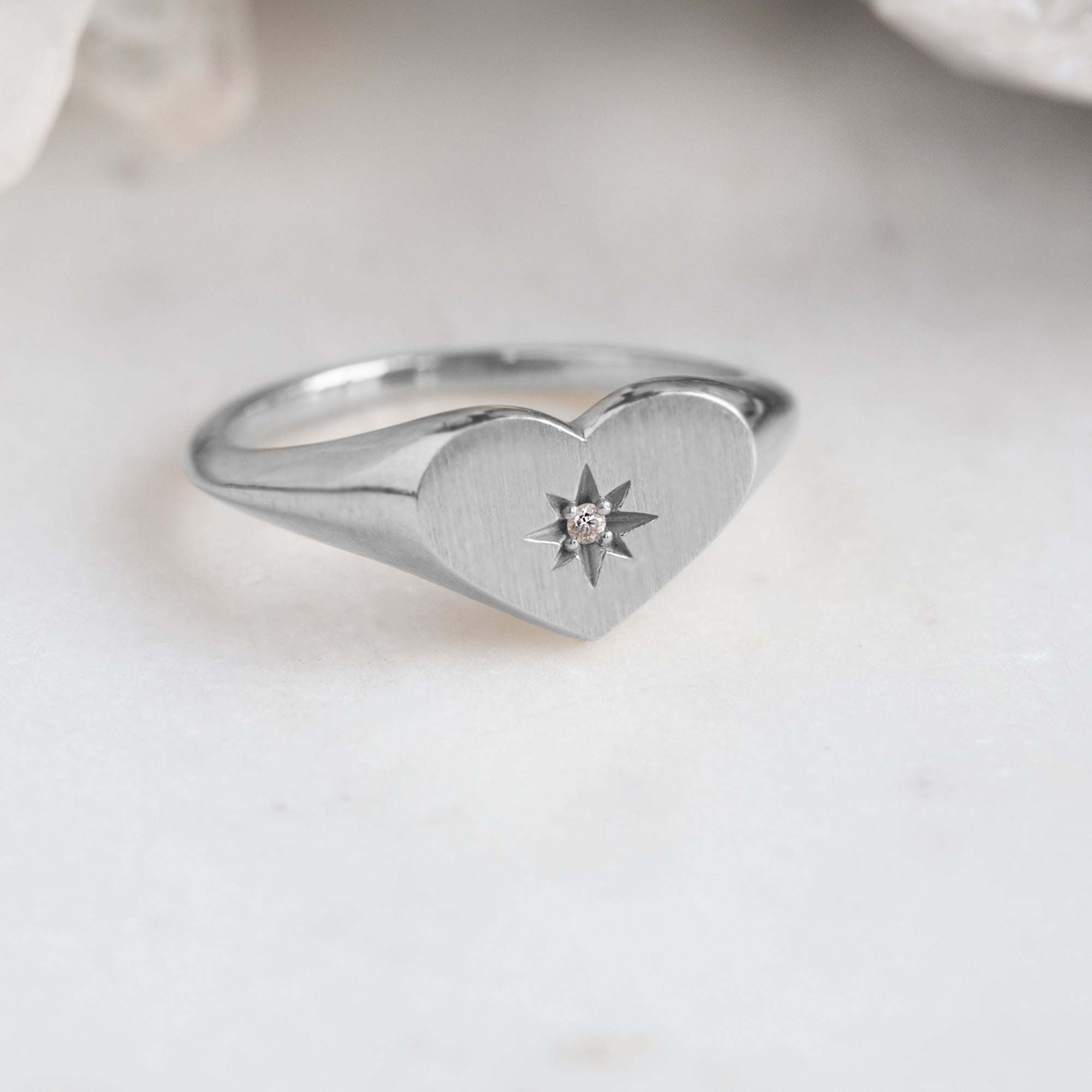 The Sweetheart White Diamond Signet Ring | 14K White Gold