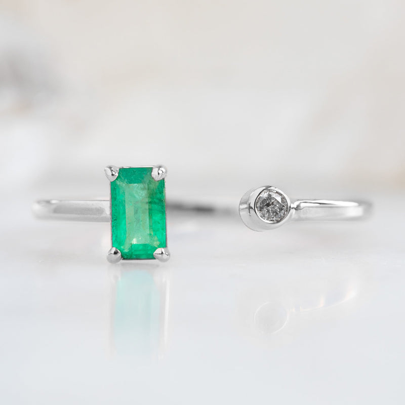 The Open Cuff Emerald + Diamond Ring | 14K White Gold