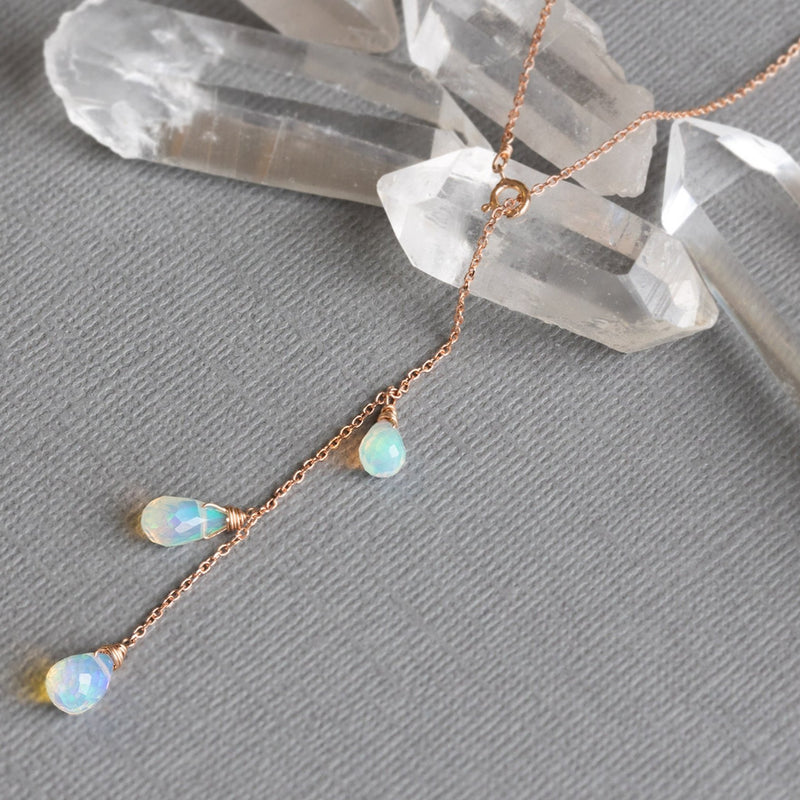 The Opal Cascade Lariat Necklace | 10K Rose Gold