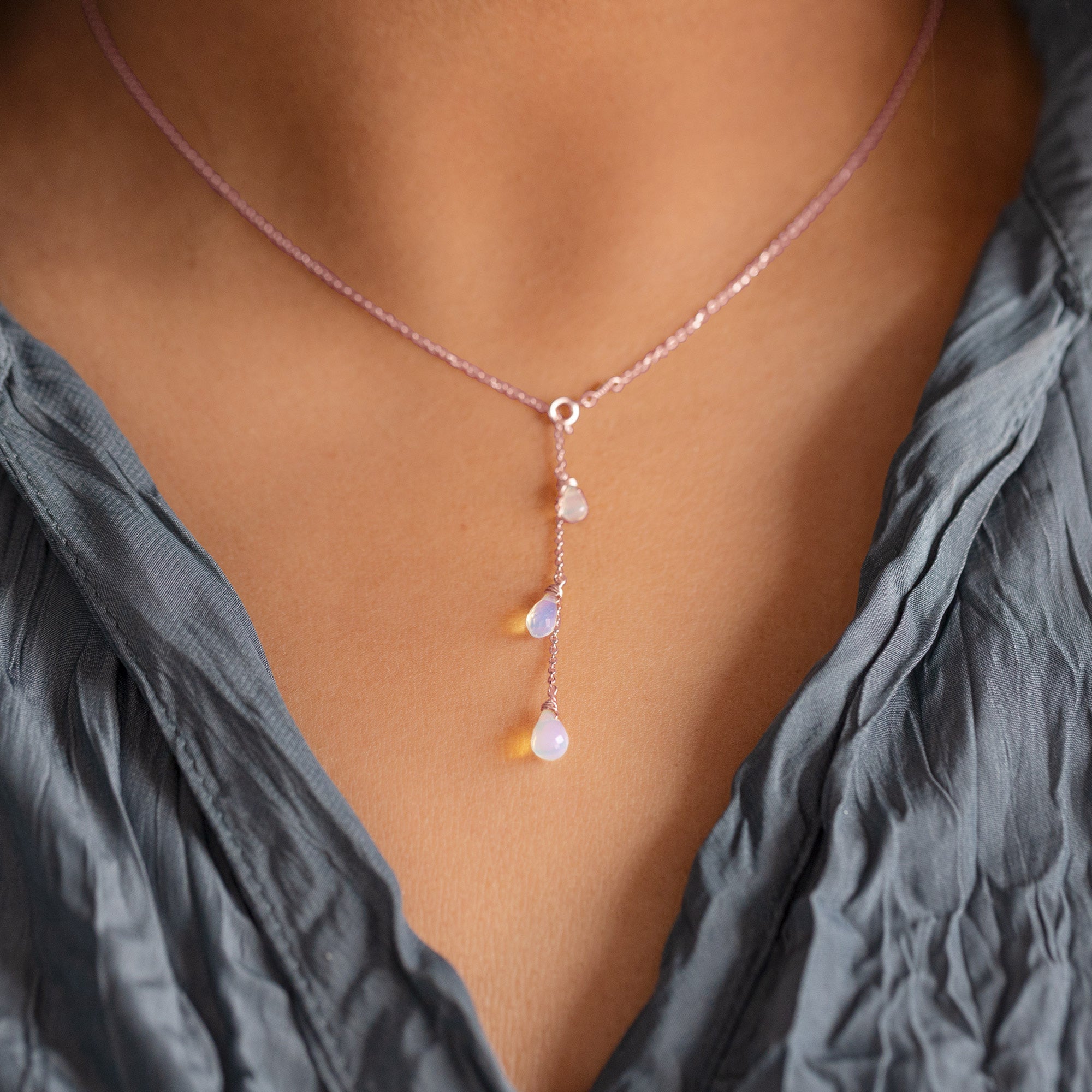 The Opal Cascade Lariat Necklace | 10K Rose Gold