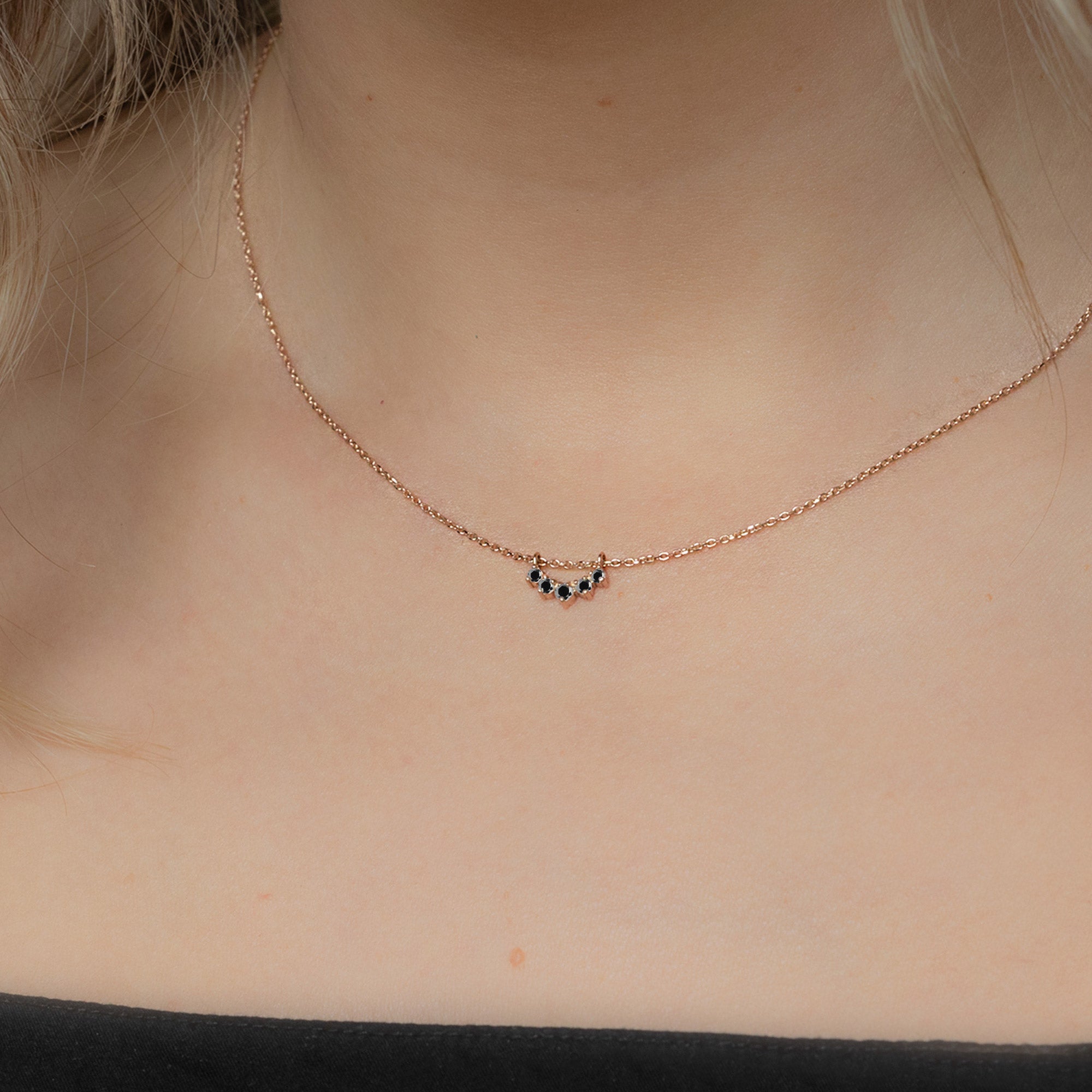 Custom Black Diamond Sunburst Necklace | 10K Rose Gold displayed on model's neck.