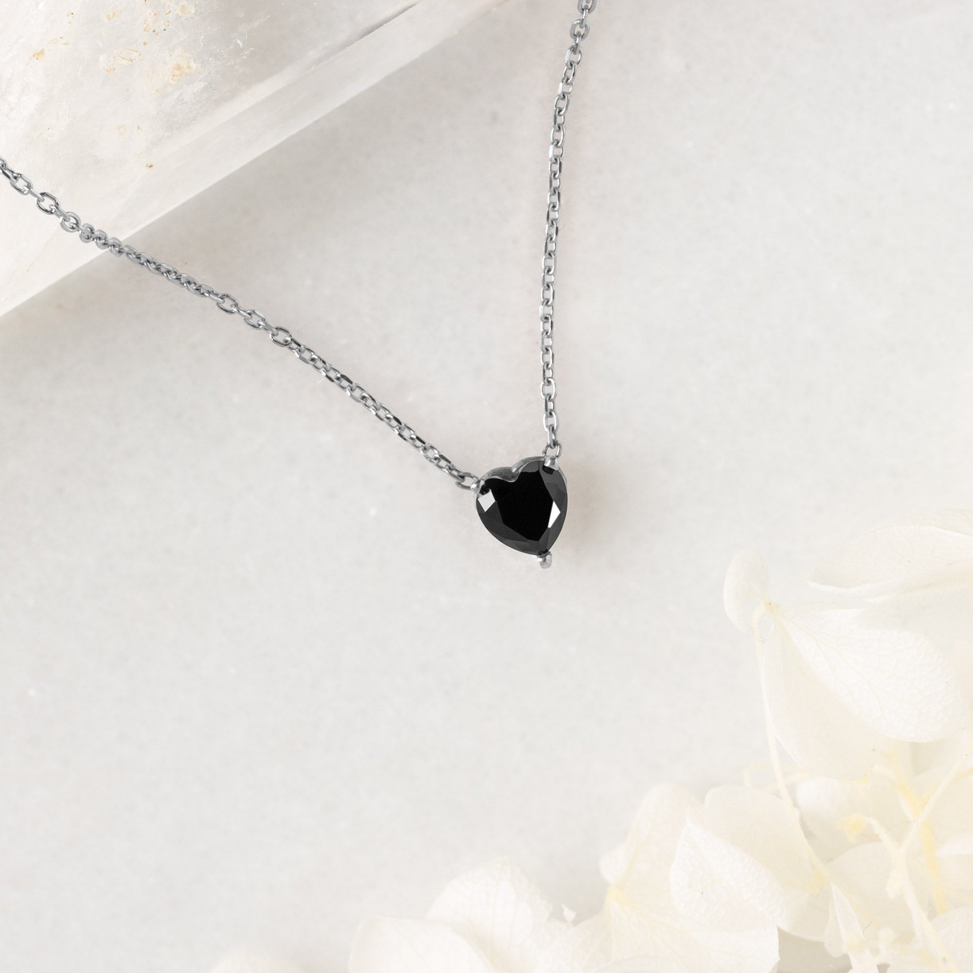 The Black Onyx Gemstone Heart Necklace | 10K White Gold