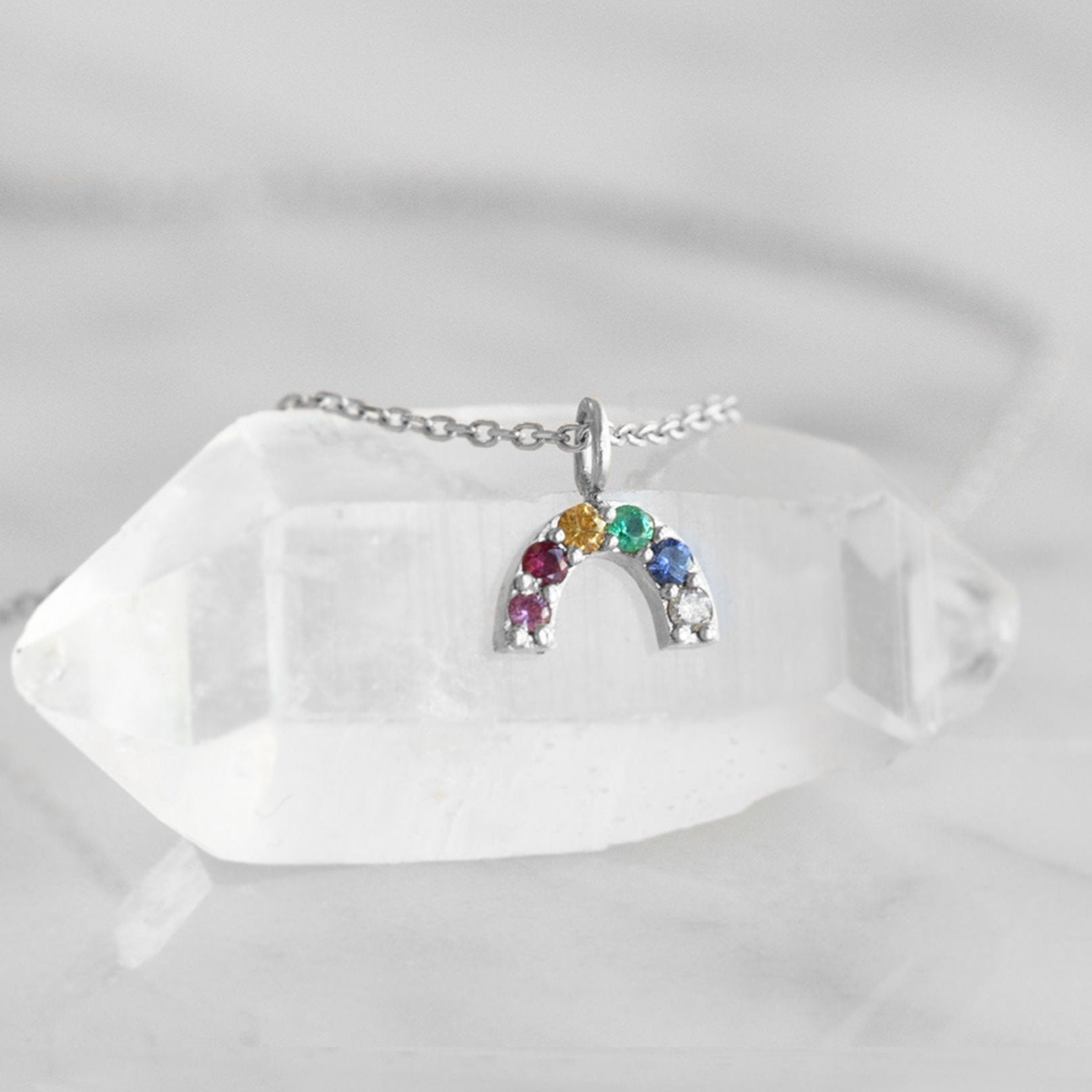 The Rainbow Sapphire Charm Necklace | 10K White Gold