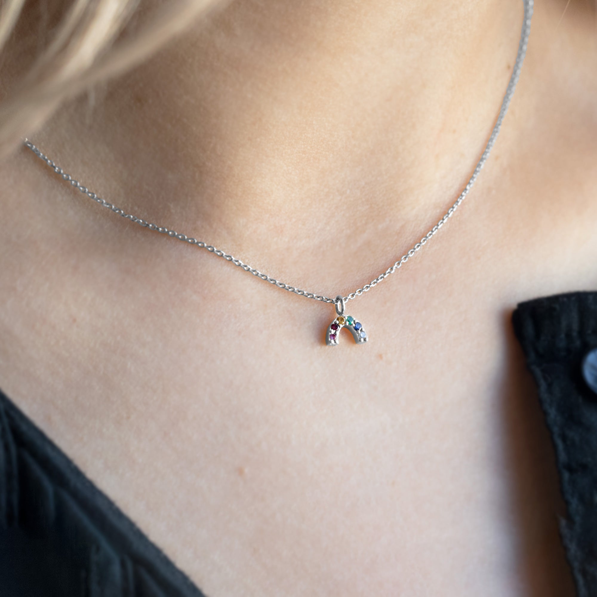 The Rainbow Sapphire Charm Necklace | 10K White Gold