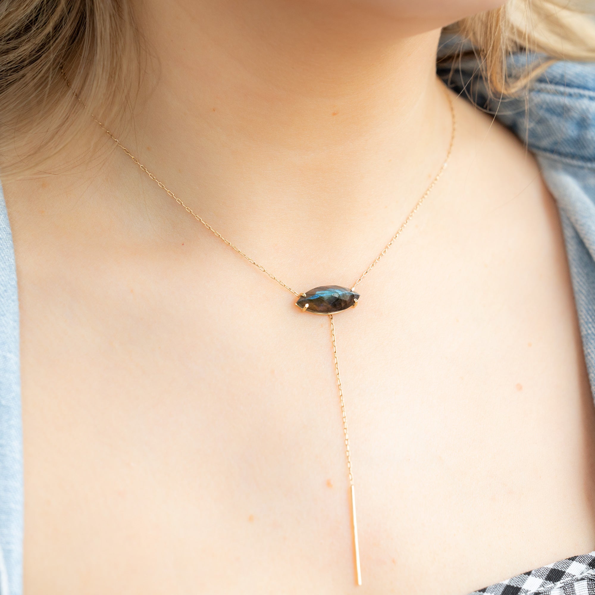 The Labradorite Marquise Lariat Necklace | 14K Yellow Gold