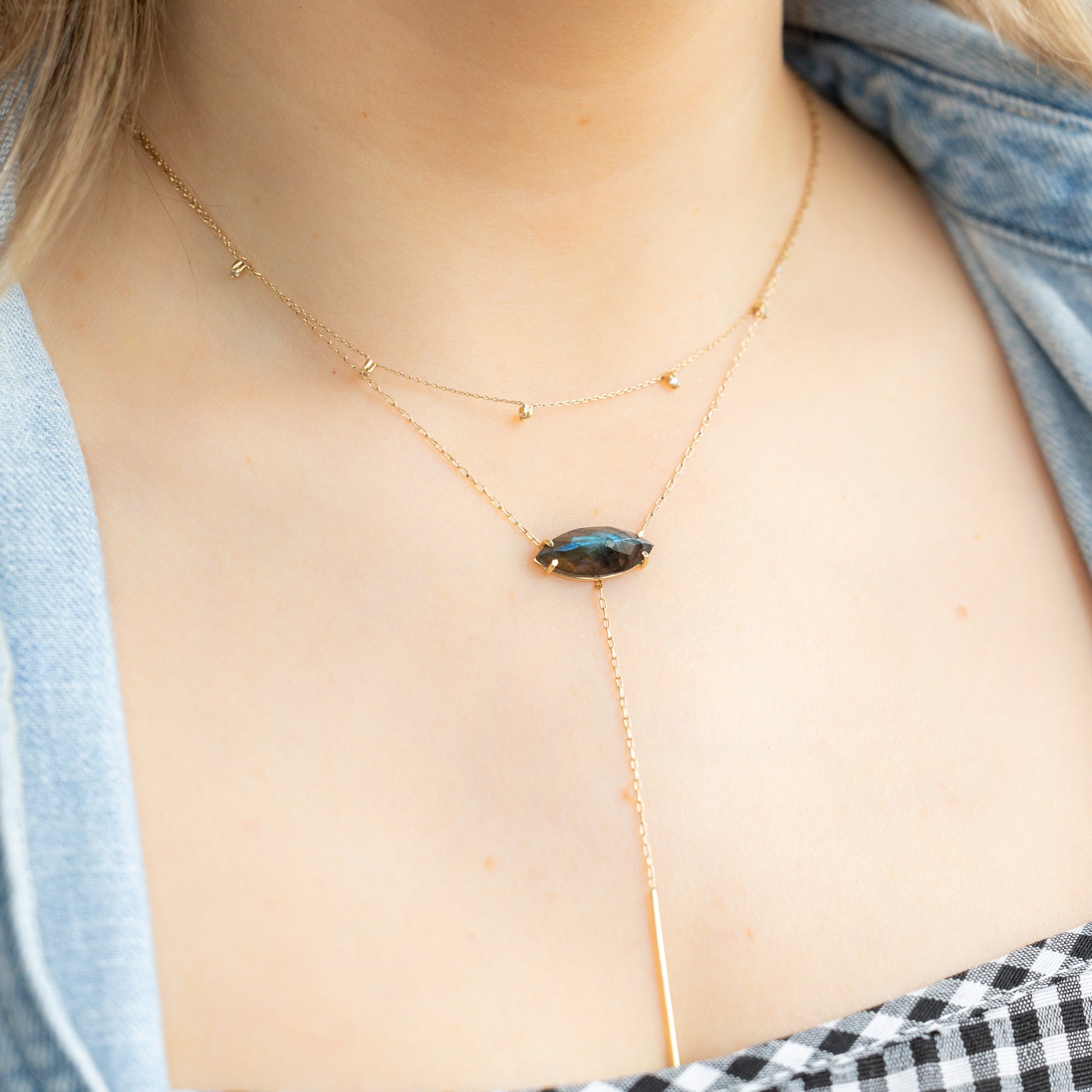 The Labradorite Marquise Lariat Necklace | 14K Yellow Gold