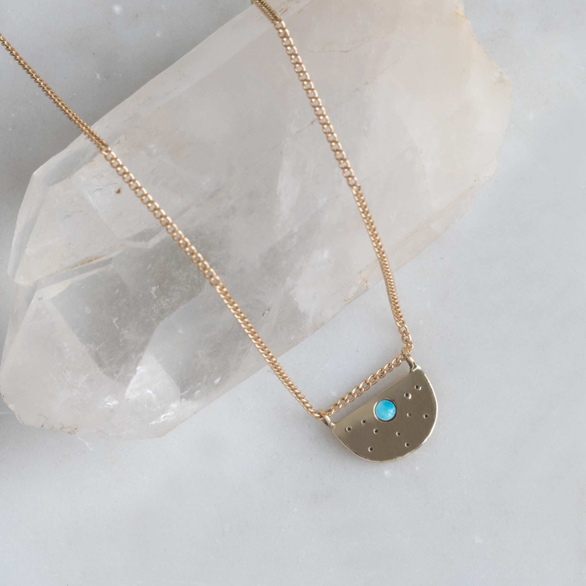 The Turquoise Half Moon Stardust Necklace | 14K Yellow Gold