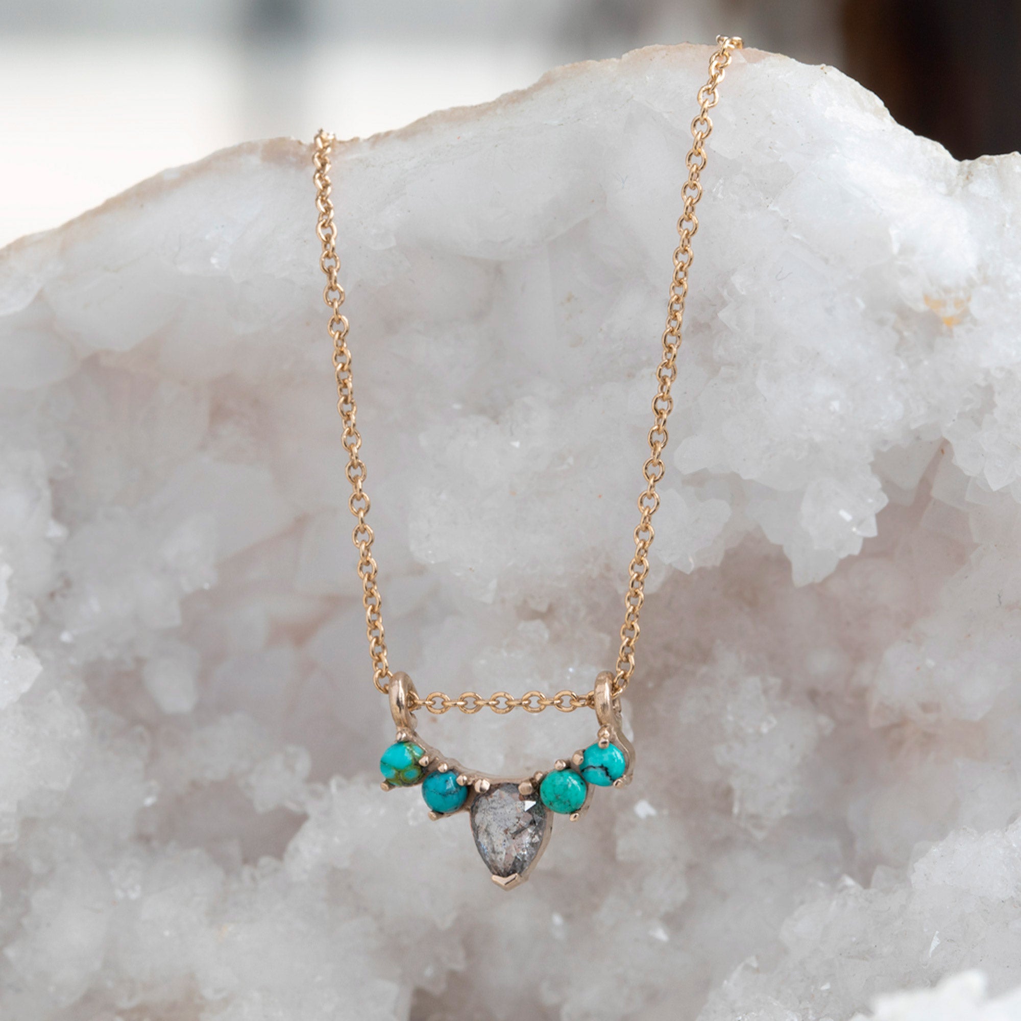 The Turquoise + Diamond Sunburst Necklace | 14K Yellow Gold