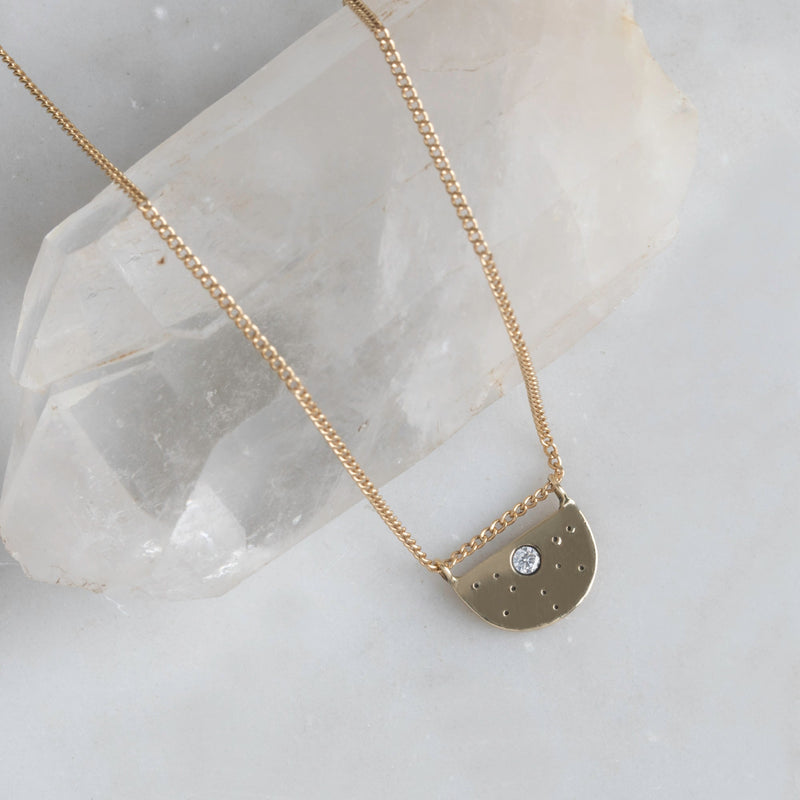 The White Diamond Half Moon Stardust Necklace | 14K Rose Gold