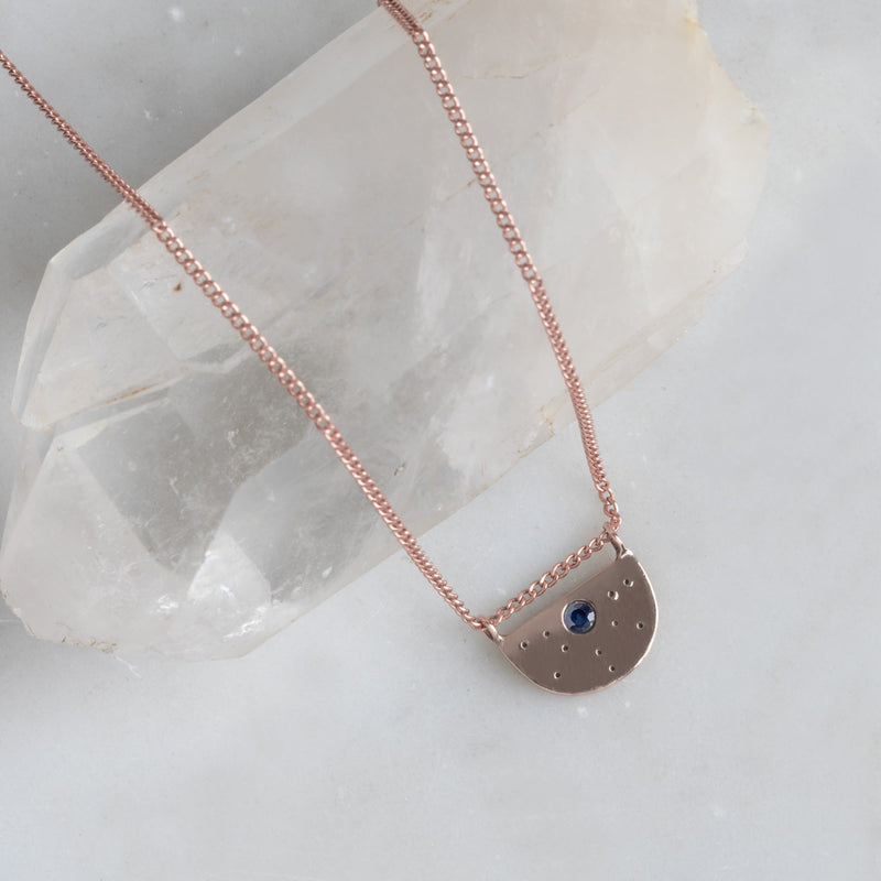 The Blue Sapphire Half Moon Stardust Necklace | 14K Rose Gold