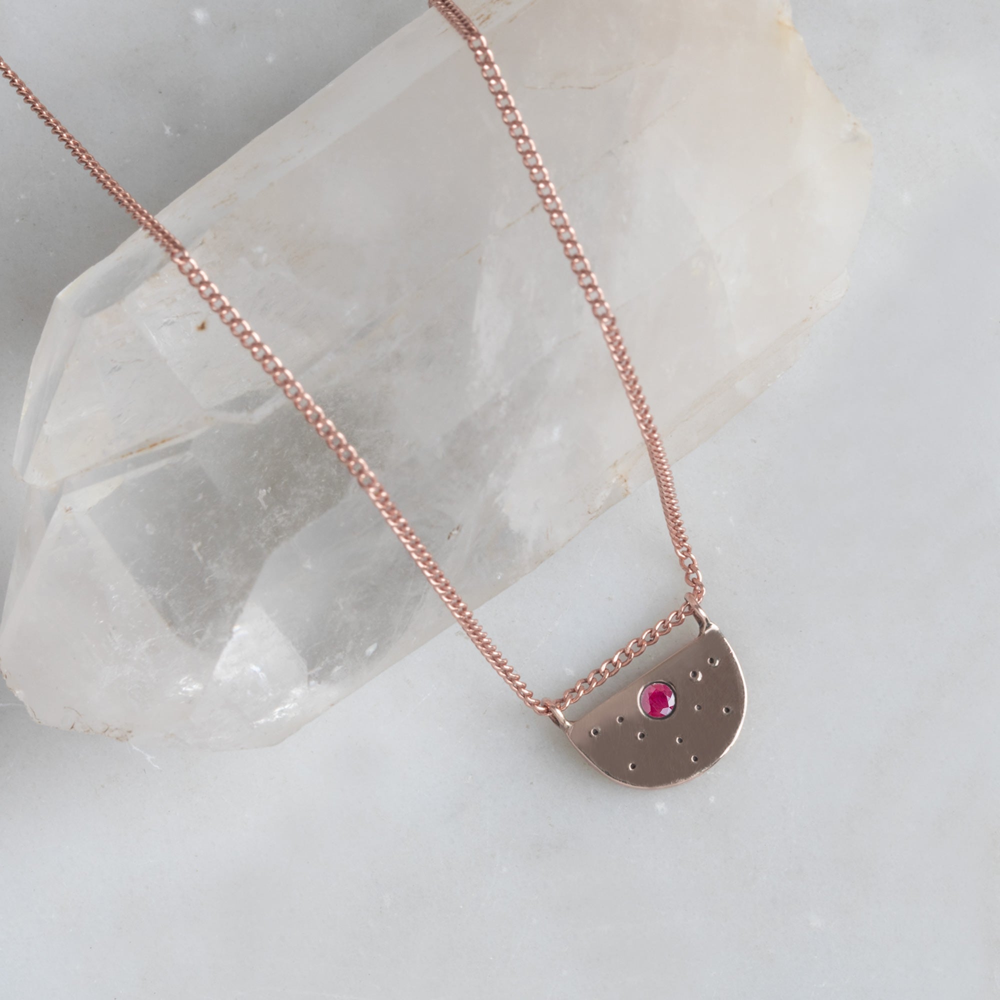 The Ruby Half Moon Stardust Necklace | 14K Rose Gold