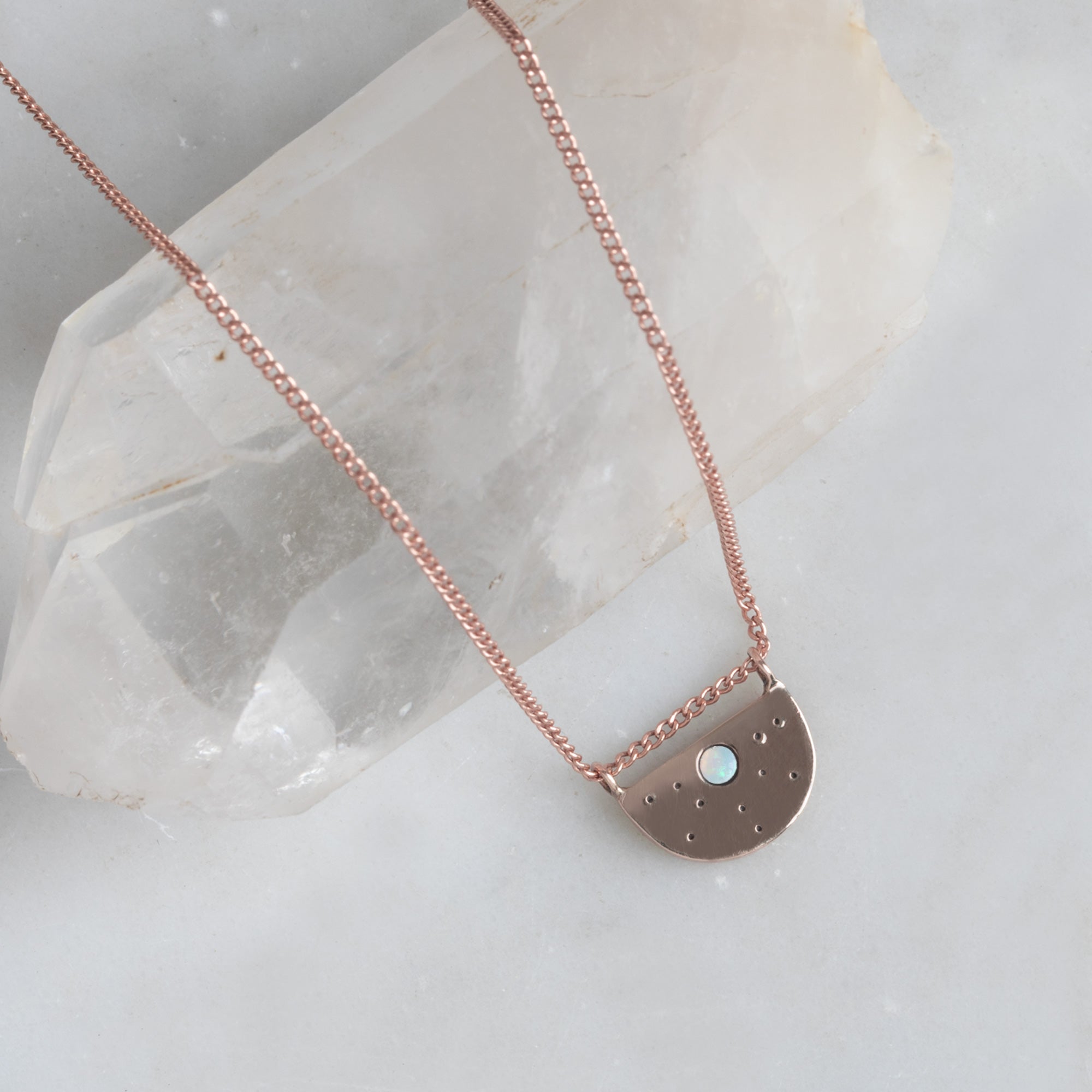 The Opal Half Moon Stardust Necklace | 14K Rose Gold