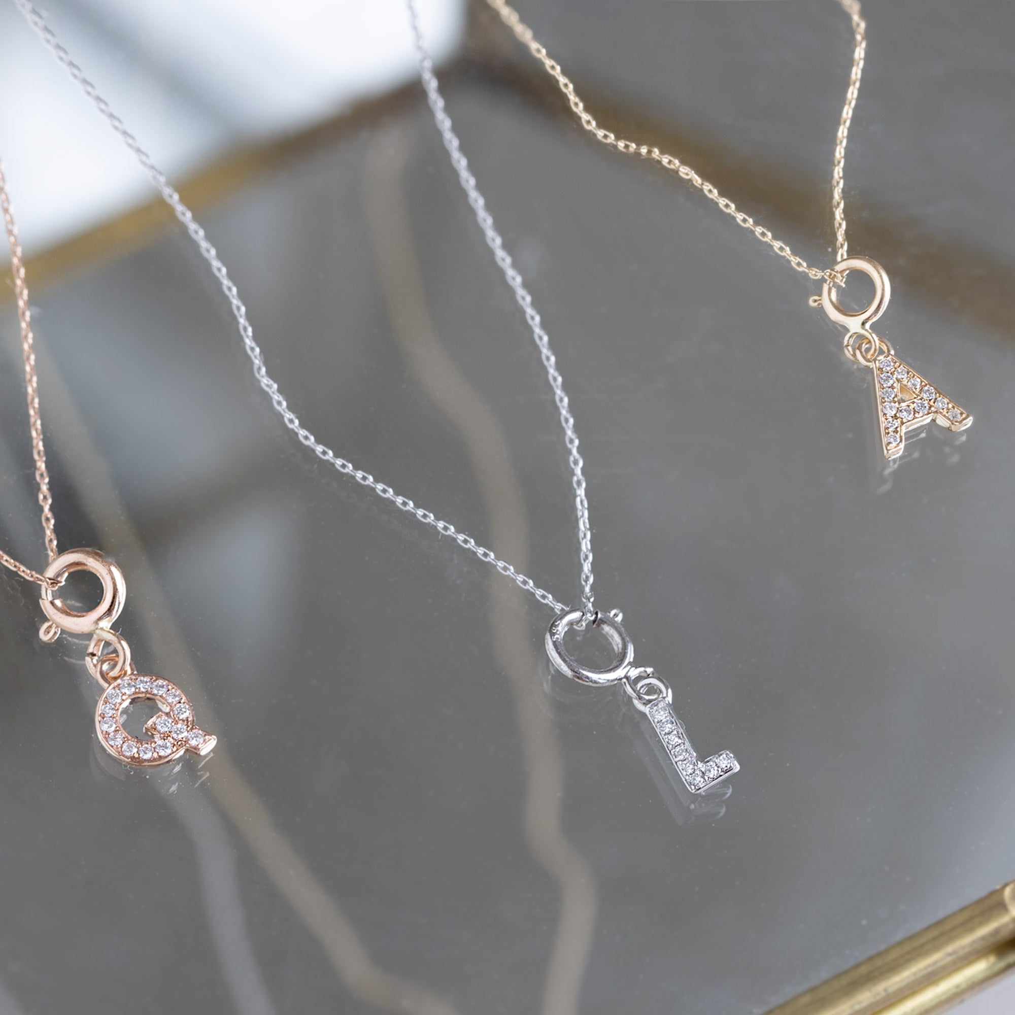 The Pavé Diamond Letter Charm Necklace | 14K Rose Gold