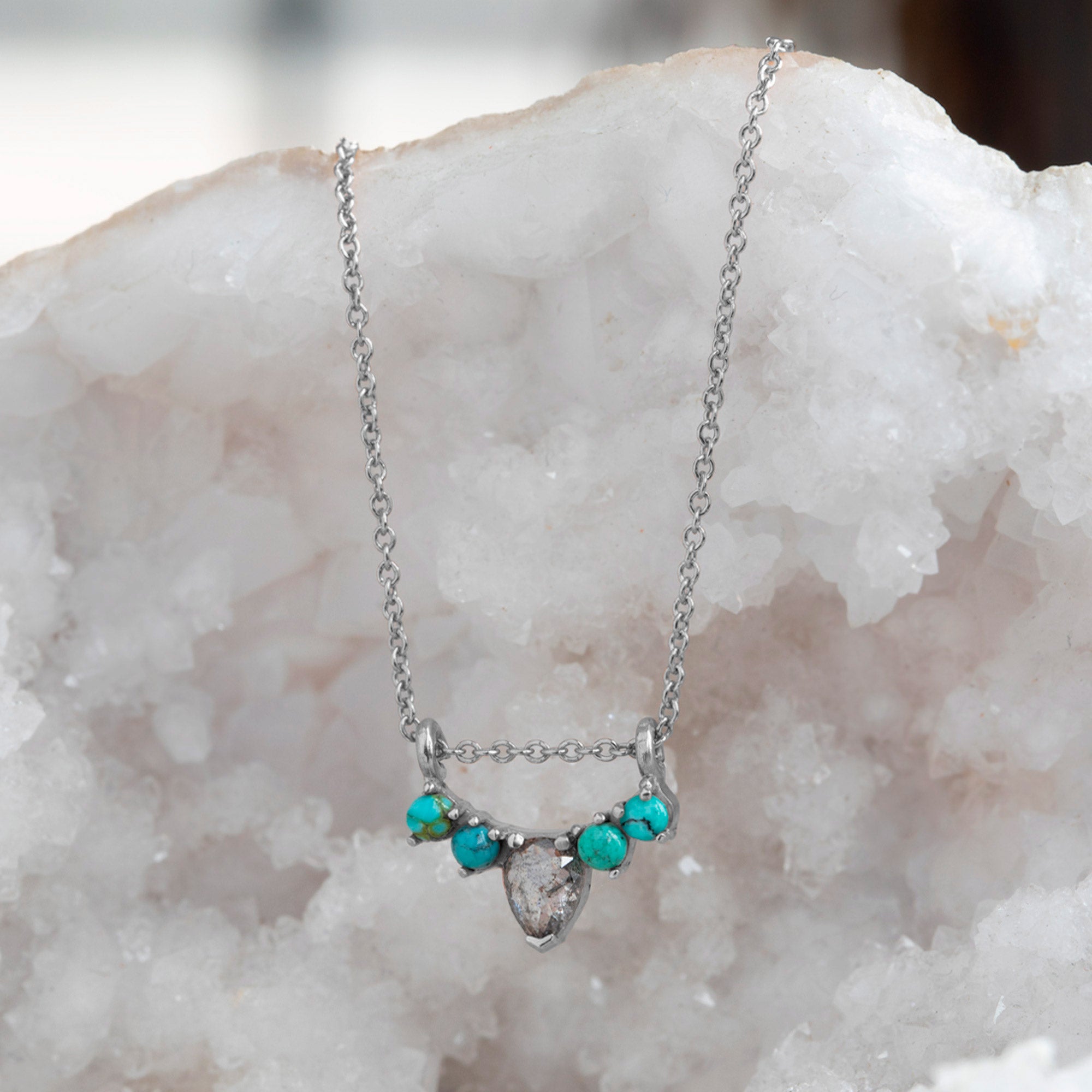 The Turquoise + Diamond Sunburst Necklace | 14K White Gold