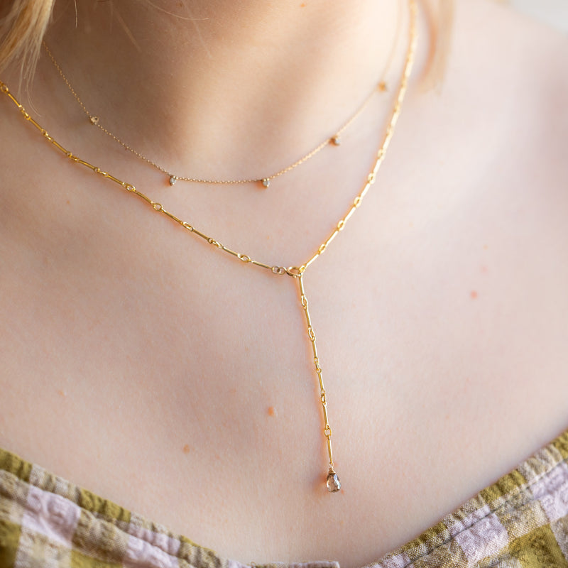 The Bar Chain Briolette Champagne Diamond Lariat Necklace | Gold Filled