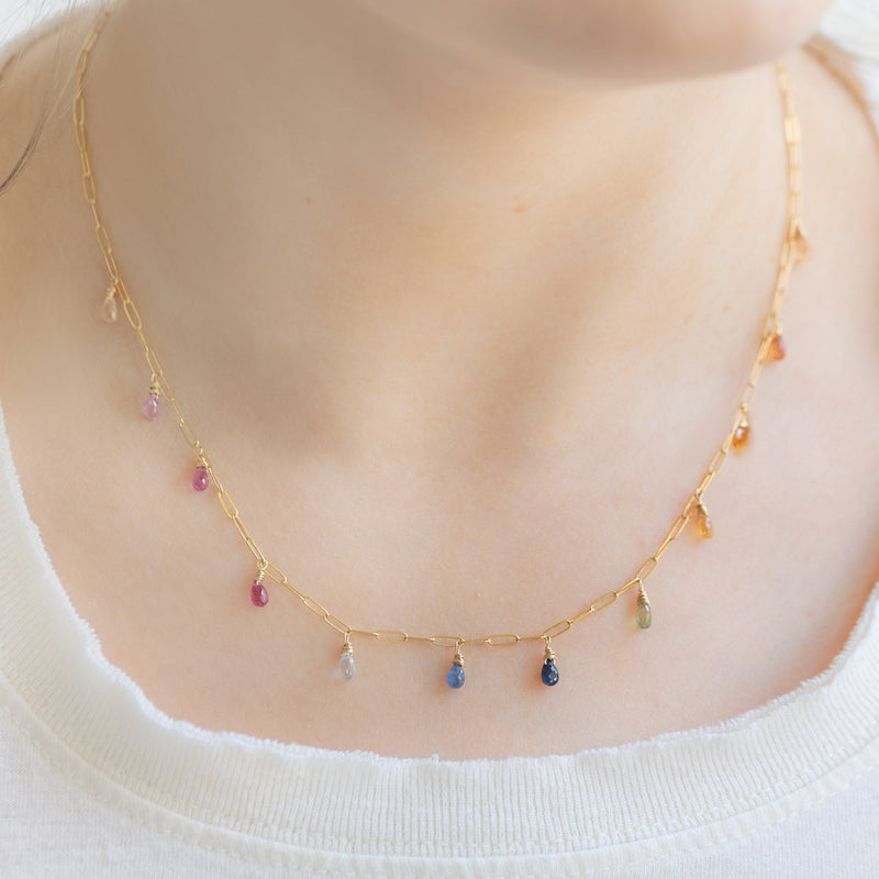 The Rainbow Sapphire Briolette Necklace | Gold Filled