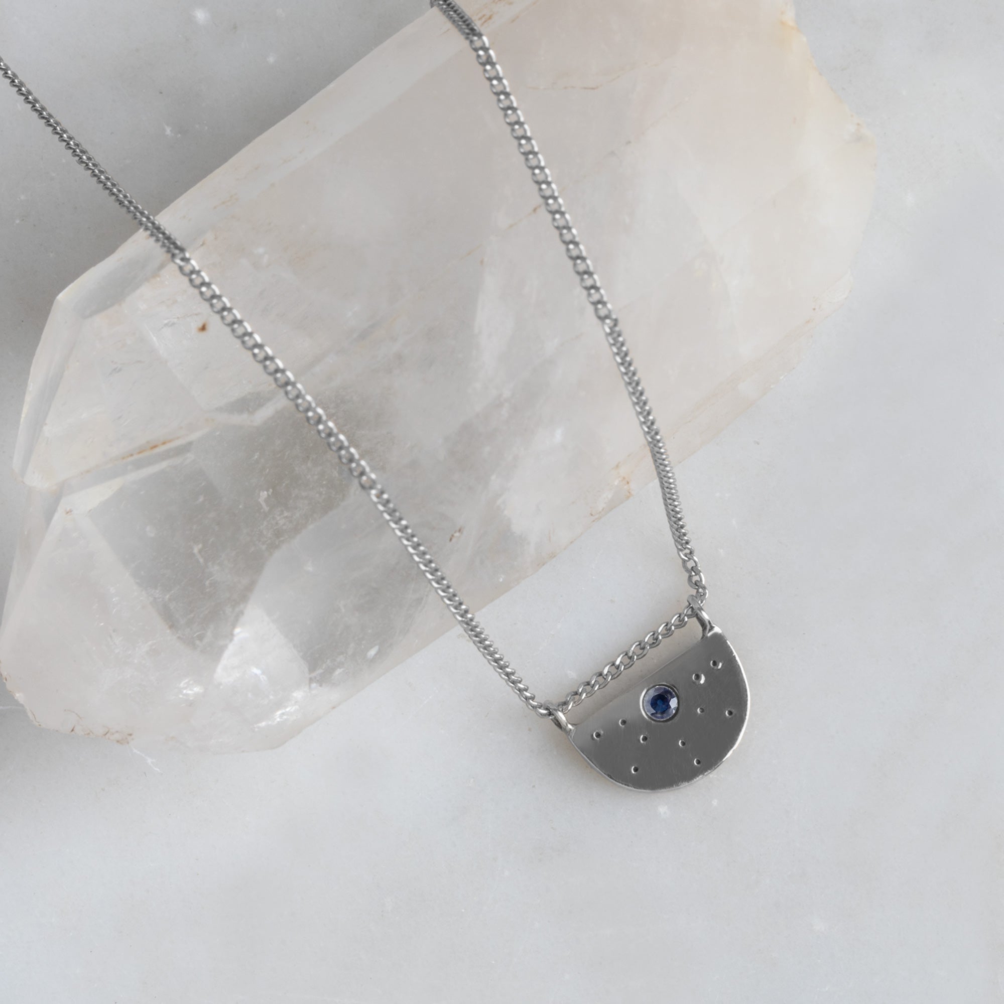 The Blue Sapphire Half Moon Stardust Necklace | Sterling Silver